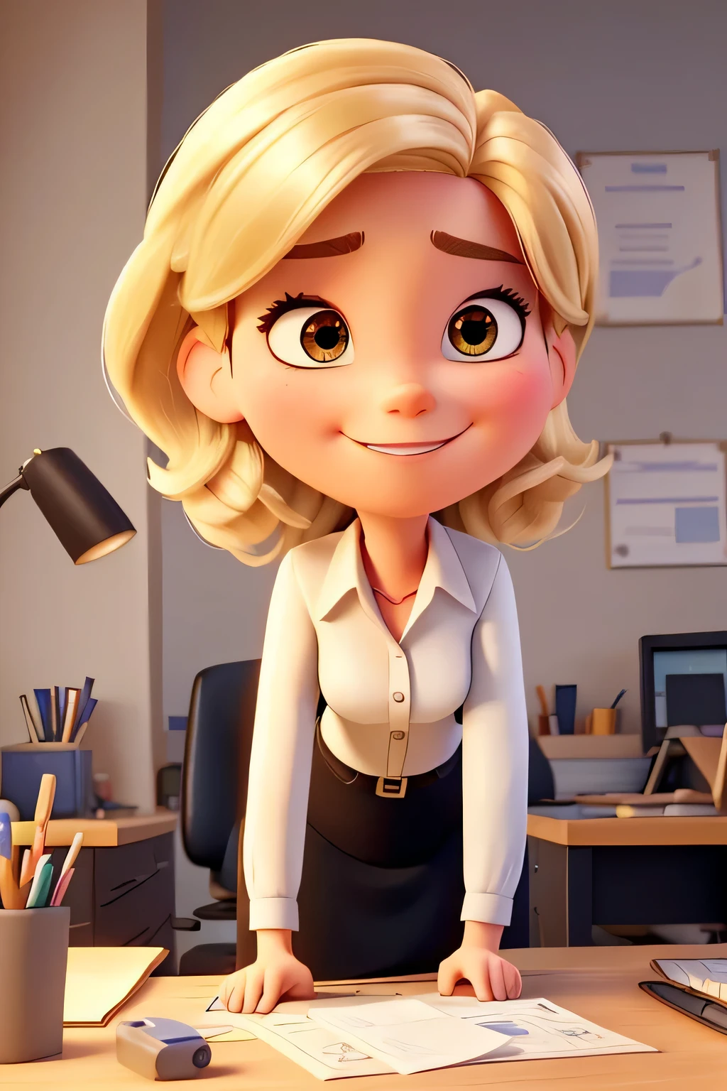 Crie um personagem magro no estilo Disney Pixar, Mulher de 31 anos que trabalha em uma empresa de contabilidade. Her hair is medium, hetero e loiro, and she&#39;s dressed elegantly in business clothes. with a doubtful expression, she is excitedly throwing money in the air.