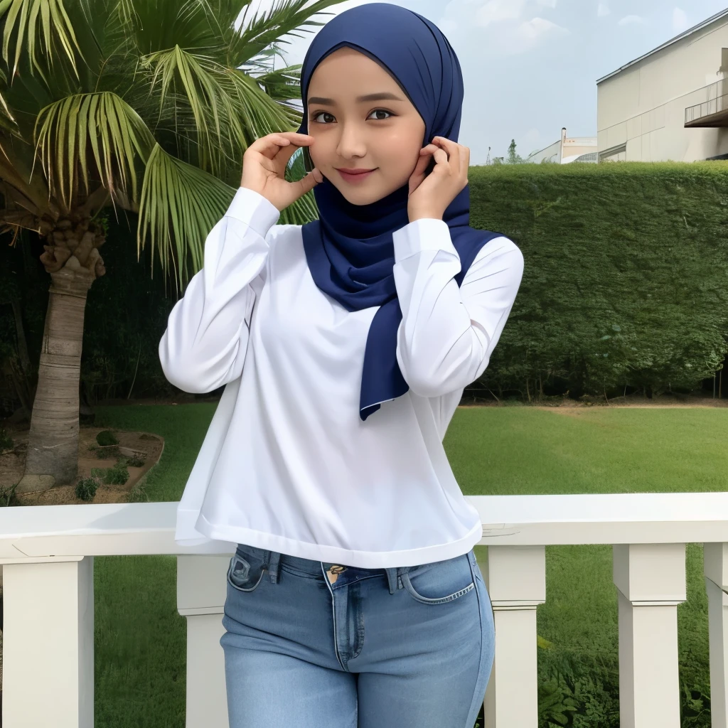 cute malay girl in white color hijab wearing big loose pastel green T shirt with white jeans jeans, in hijab, realistic face, smile, happy, big shirt, long sleeve, dark skin, skin texture, mole, brown skin, big sleeve, mira filzah face, wet skin, petite body, small breast, 4k, photography, cinematic, ray lighting, ((emma maembong)), skinny body, petite, small , outside, small tits, flat chest, front view, facing viewer, oversized shirt, abs exposed, slim abs, big hip,