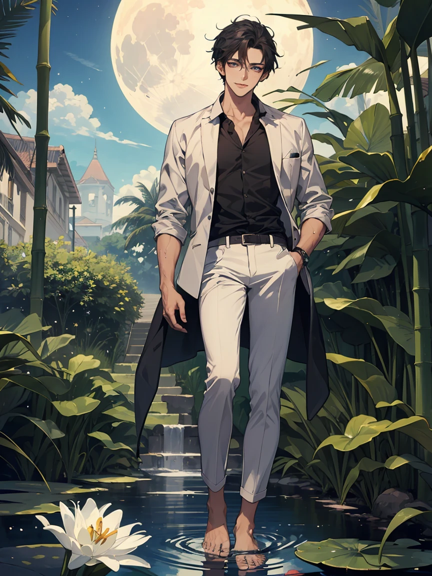 ((masterpiece,best quality)), 1 male, adult, handsome,full_moon, leaf, moon, plant, potted_plant, bamboo, 1guy, handsome man, palm_tree, butterfly, bug, water, tanabata, branch, barefoot, night, lily_pad, tanzaku, soaking_feet, vines, solo, outdoors, tree, very short black hair, wet, flower, smile, ivy, green_eyes, pants, lily_of_the_valley, sky, looking_at_viewer, palm_leaf, casual clothes, ((masterpiece,best quality)), beautiful detailed eyes, beautiful detailed face. white shirt, white pants