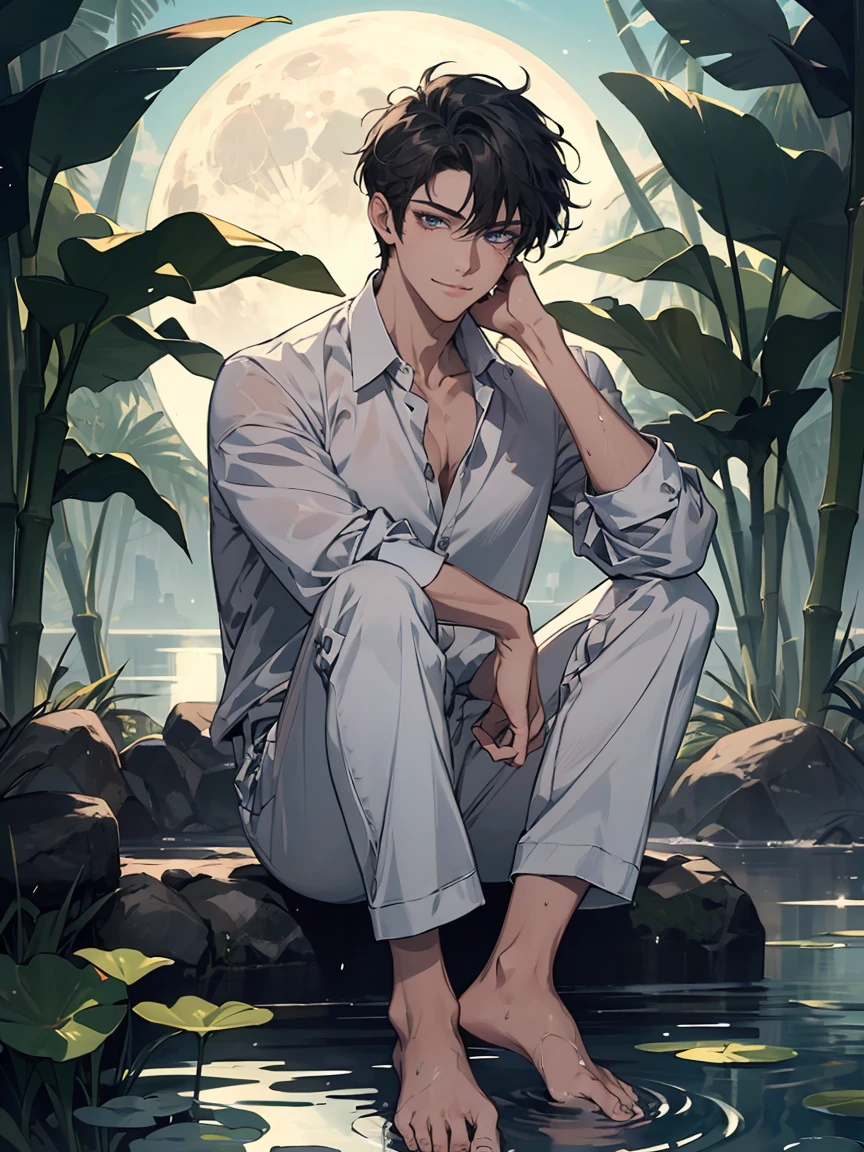 in the fantasy woods,A beautiful male sits on the edge of a clear spring in a lush natural forest, his legs resting on the spring. He has a beautiful face and shining eyes of vivid colors. The surface of the spring sparkles in the sunlight filtering through the trees. Detailed drawing. Vivid colors. High image quality.1boy,matured male