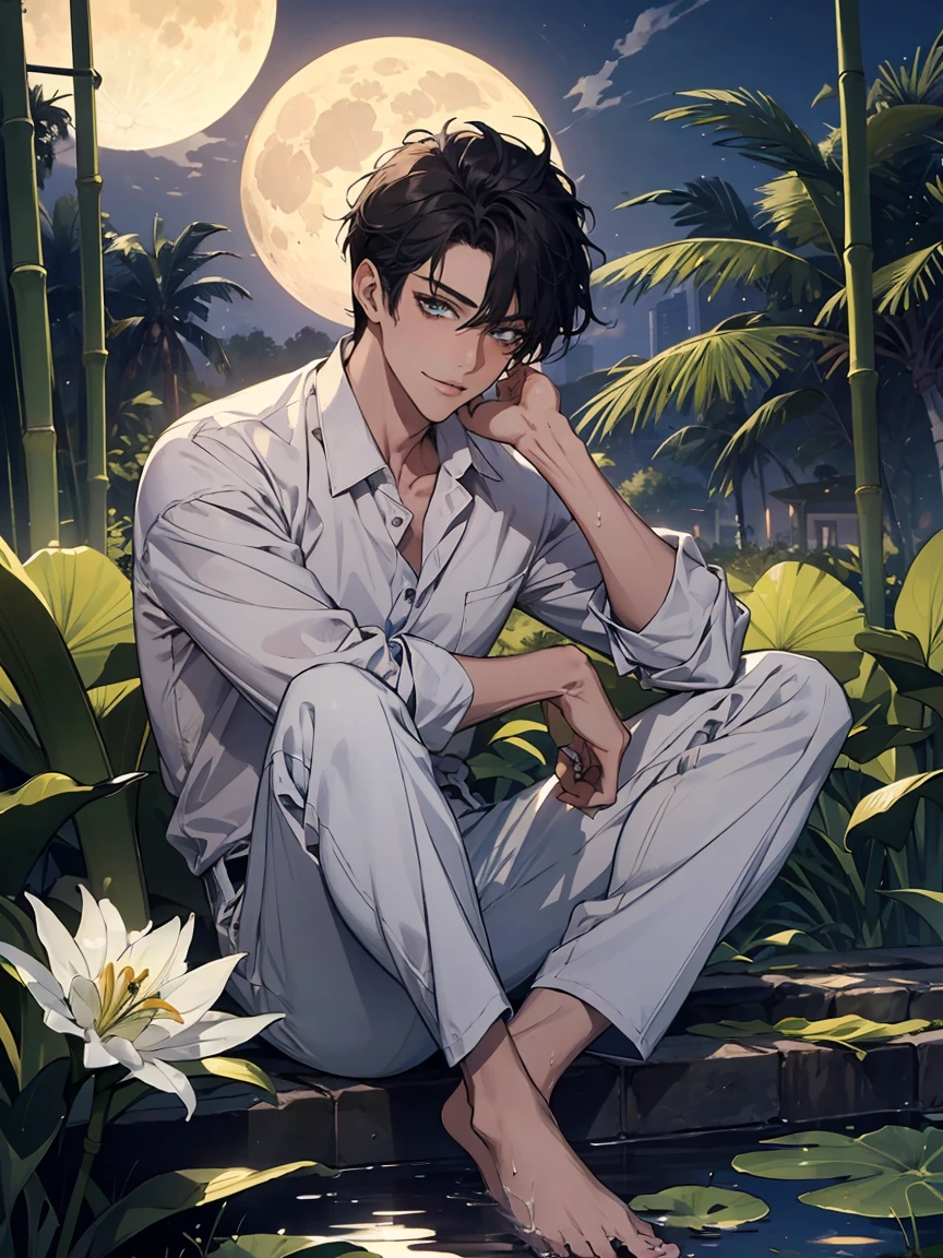 ((masterpiece,best quality)), 1 male, adult, handsome,full_moon, leaf, moon, plant, potted_plant, bamboo, 1guy, handsome man, palm_tree, butterfly, bug, water, tanabata, branch, barefoot, night, lily_pad, tanzaku, soaking_feet, vines, solo, outdoors, tree, very short black hair, wet, flower, smile, ivy, green_eyes, pants, lily_of_the_valley, sky, looking_at_viewer, palm_leaf, casual clothes, ((masterpiece,best quality)), beautiful detailed eyes, beautiful detailed face. white shirt, white pants