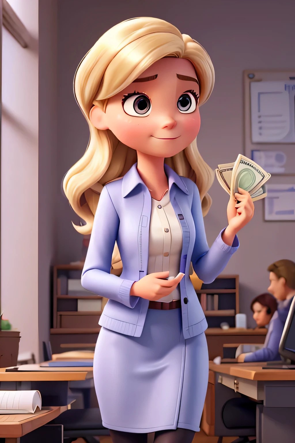 Crie um personagem magro no estilo Disney Pixar, Mulher de 31 anos que trabalha em uma empresa de contabilidade. Her hair is medium, hetero e loiro, and she's dressed elegantly in business clothes. with a doubtful expression, she is excitedly throwing money in the air.