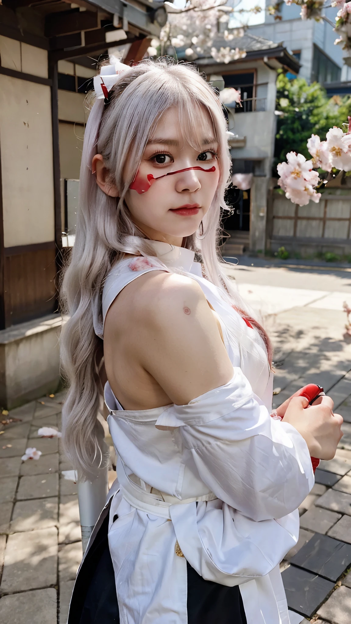 photography, woman, kunoichi, wearing an oni mask, long white hair, carrying a sword on her back, her back to the camera, shoulder focus, cherry blossom background, realistic, photography, ultra realistic, 8k,