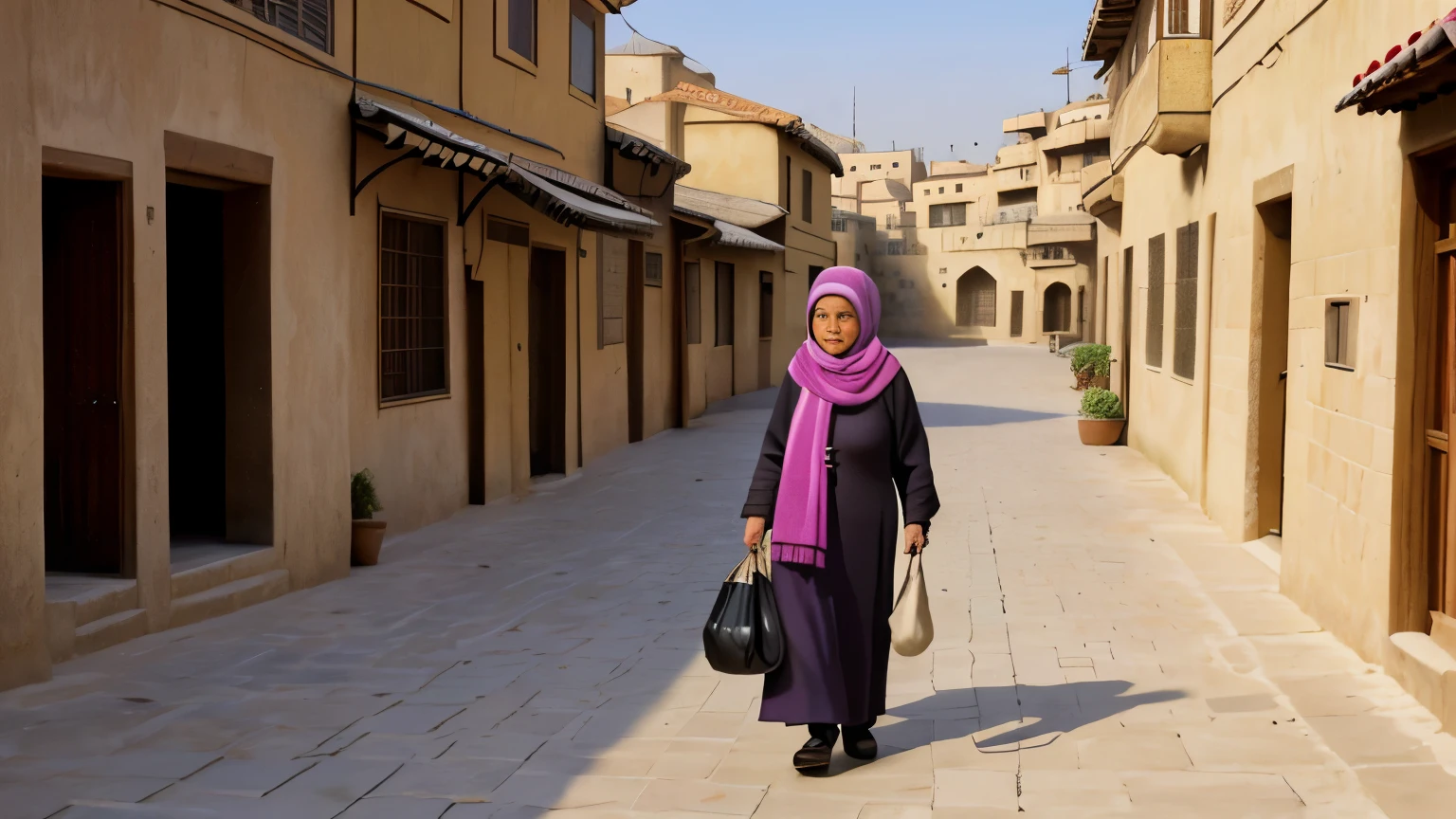 masterpiece, name nanny, best quality, an old woman with a scarf on old Arabian islamic clothes, miserable, poor, wearing a braun coat and dark scarf, carrying old clothes bags, bending back standing at old Paved street.