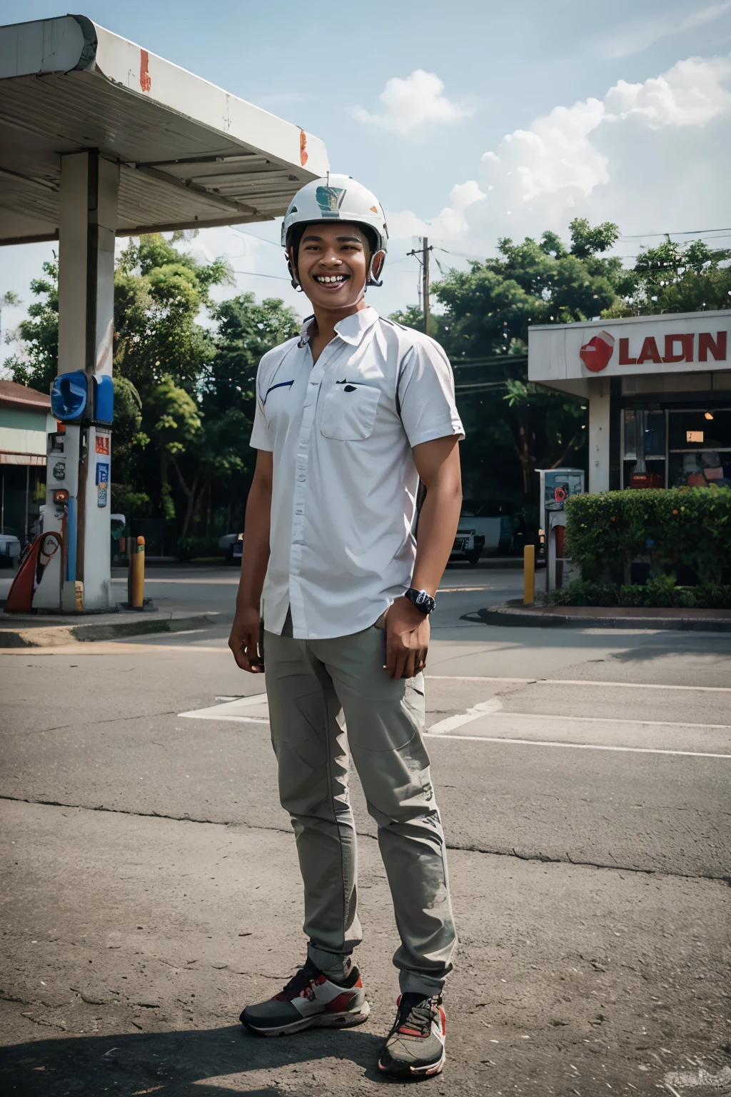 A realistic picture of indonesian young man wearing a helmet, while laughing looking at the camera, front view,full body with a gas station in the background, clear face, 25 years old, High detail, wide view full body, wearing a shirt, ultra realistic render, studio lightning, professional fotografer output. use lens 30mm