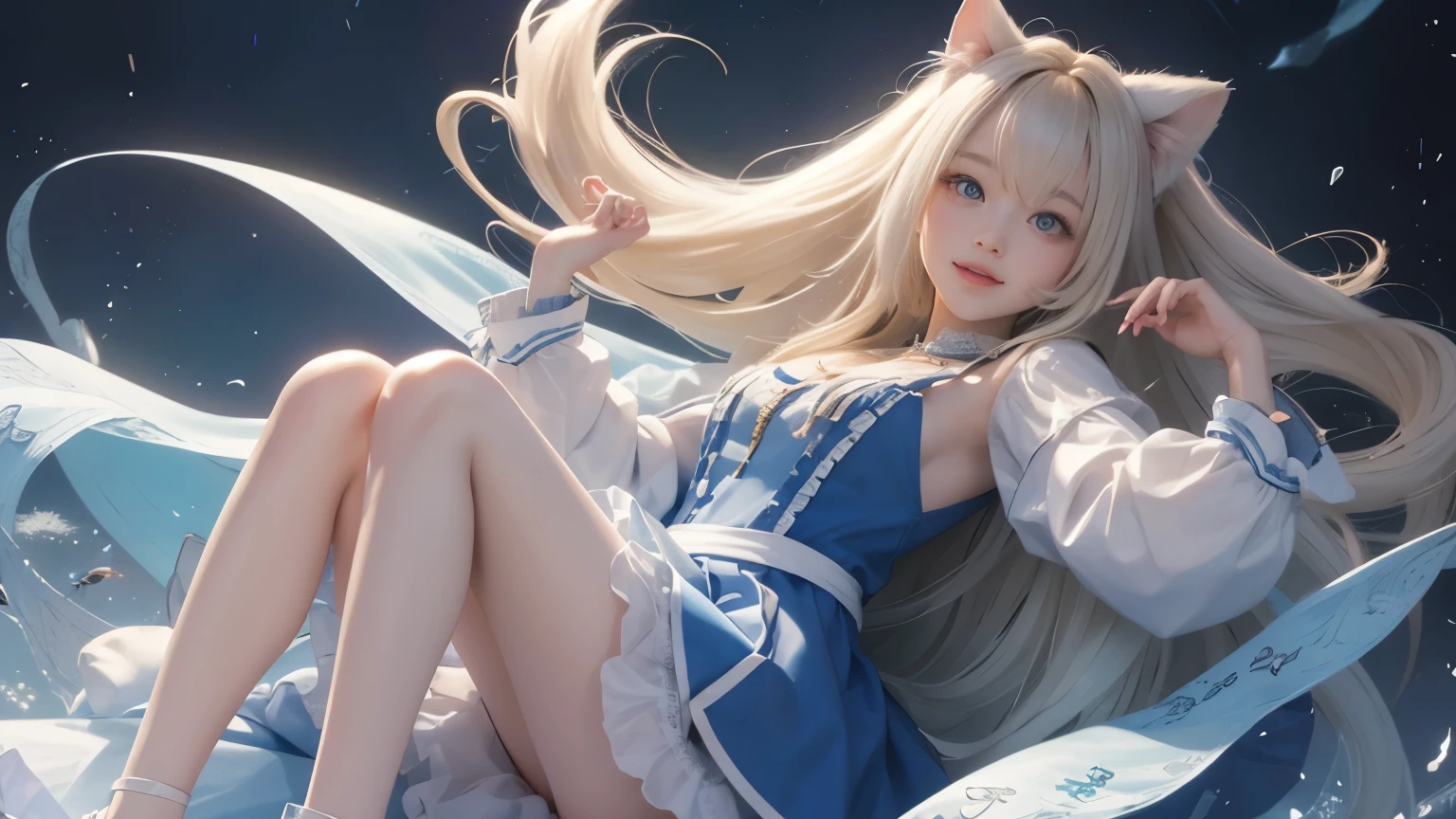 full body, laugh together, bright look、photorealism、highest quality、ultra high resolution、photograph、絶妙に美しい北欧生まれの女の子のphotograph、extraordinary beautiful girl、Detailed cute and beautiful face、(Pure Eros Face_v1:0.008)、beautiful bangs、alice in wonderland、18-year-old、glowing white shiny skin、Flow of hair that extends to the face、bangs between the eyes、super long hair、Attractive light and dark platinum blonde super long straight silky hair、thin hair、Charming shining beautiful bright clear light blue big eyes、white apron、yellow dress、eyeliner、double eyelids、rich bust、two girls、cat ears、great laugh togetherter、short skirt、White lace underskirt、pink panties、