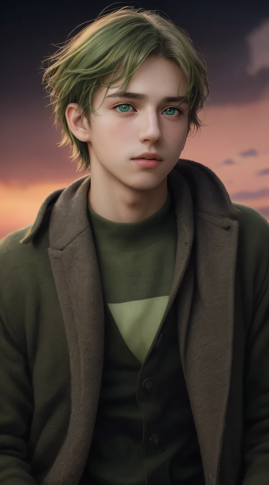 A young man, (best quality) bright green eyes, olive hair, well-groomed hair, deep and beautiful gaze, looking at the sky, real Photography, movie, cinematic, Realisticcutedepth of field,Realisticfilm grain, sharp, detailed and realistic portrait of a man