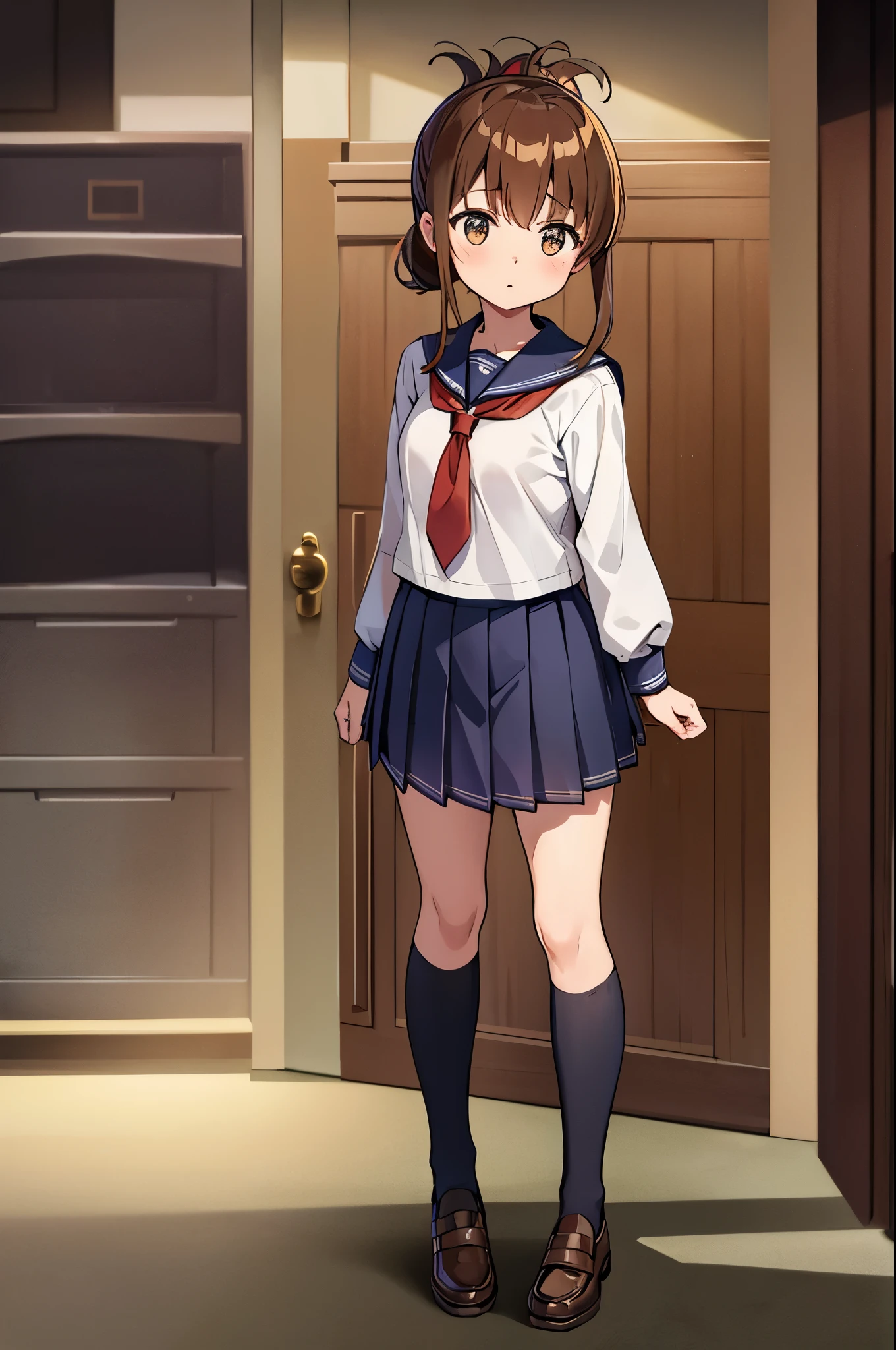 (masterpiece, highest quality:1.2),figure,8K,HD,1 girl,alone,Brown_hair,folded_ponytail,Brown_eye,serafuku,length_hair,School_uniform,skirt,pleats_skirt,セーラー服を着た体調の悪い女子高生がSchoolの体育館の椅子に座り、observing classes.