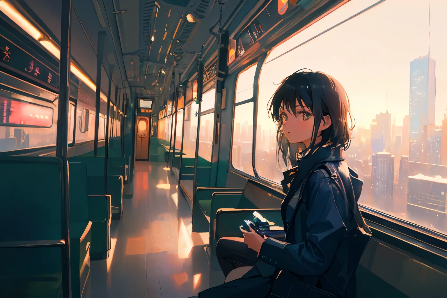 Create exquisite illustrations reminiscent of Makoto Shinkai's style, It has ultra-fine details and top-notch quality. Craft a captivating illustration featuring a girl gazing out of a train window at a cityscape that blends nostalgia with cyberpunk elements. Infuse the entire scene with a fantastical and intricate ambiance, ensuring a high-quality output. Detail the nostalgic interior of the train, with vintage decor and soft, warm lighting, creating a cozy atmosphere. Outside the window, depict a cyberpunk cityscape with towering skyscrapers adorned with neon lights and holographic billboards, juxtaposing the old-world charm of the train with the futuristic urban landscape. Pay close attention to the girl's expression, capturing a sense of wonder and curiosity as she observes the bustling metropolis passing by. Aim for a composition that transports the viewer into a dreamlike world where past and future collide in a mesmerizing tapestry of urban life seen through the lens of a train journey. best quality, masterpiece