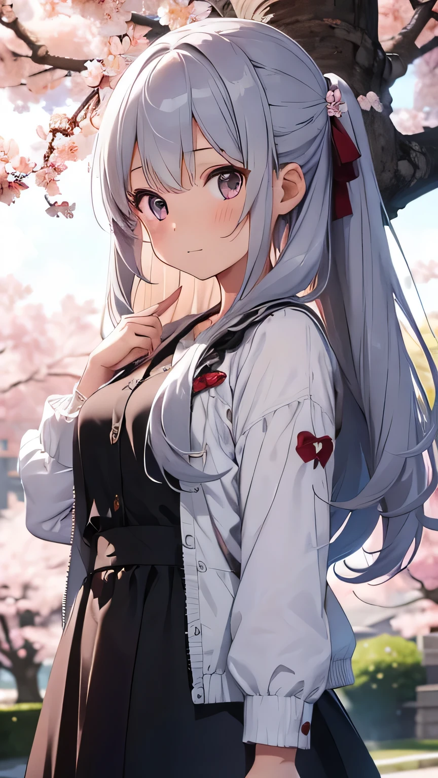 Super high quality images of girls with long silver hair. In the upper left corner is a cluster of cherry blossoms.