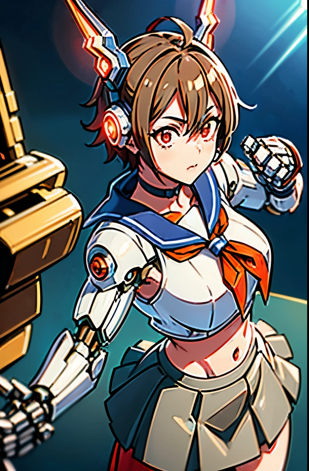 1girl solo,Standing depiction、(Large symmetrical mechanical wing:1.6)、((kasugano sakura:1.3))、(symmetrical mechanical headgear:1.6)、Beauty Cyborg, Cyborg - beautiful woman with brown short bob hair perfect anime cyborg woman, cute cyborg beauty, beautiful cyborg beauty, cyborg girl, (Perfect android beauty), (The perfect cyborg woman), (Cyborg - Girl), (beautiful female cyborg)、 beautiful white girl cyborg, beautiful female android, Beautiful and attractive female cyborg、walk、full body description、(Mechanical sailor suit:1.5)、(mechanical ruffle skirt:1.5)、((Combat readiness))、(glowing red mechanical eyes:1.9), brown hair, short hair, bangs, Ahoge,(head band), ((Gray uniform:1.4)), puffy sleeves, crop top, yellow neckerchief, ((gray skirt:1.4)), fingerless gloves, thighs thighs, white socks, red footwear,Expressionless、(table top, highest qualityの, highest quality, beautiful and aesthetic: 1.2), very detailed, more detailed,Proper body proportions,table top,Ultra high quality output image,High resolution,intricate details,very delicate and beautiful hair,realistic pictures,dream-like,professional lighting,realistic shadow,focus only,anime one、discovery stance, punching, discovery,raise one leg、Anime one、(combat stance:1.3)