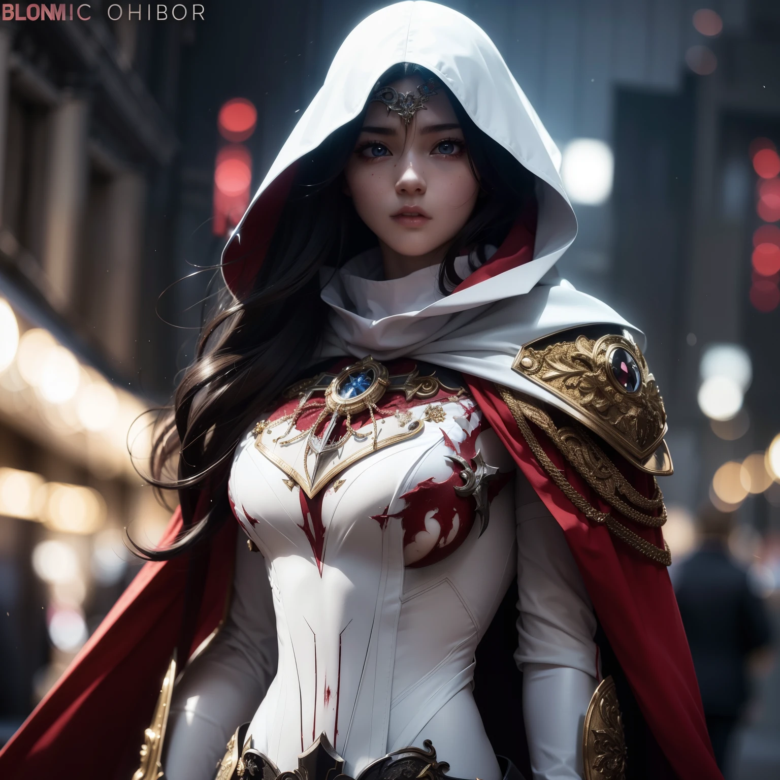 Beauty anime girl /// (Bloodbourne) wearing detailed white ominious combat body suit with hero cape & scarf, upperbody shots, detailed skin, face sharp focus, detailed eyes and pupils, detailed hair, intricate details and sharp, masterpiece, global illumination, real shadow, bokeh, best quality, photorealistic, realistic, 8k