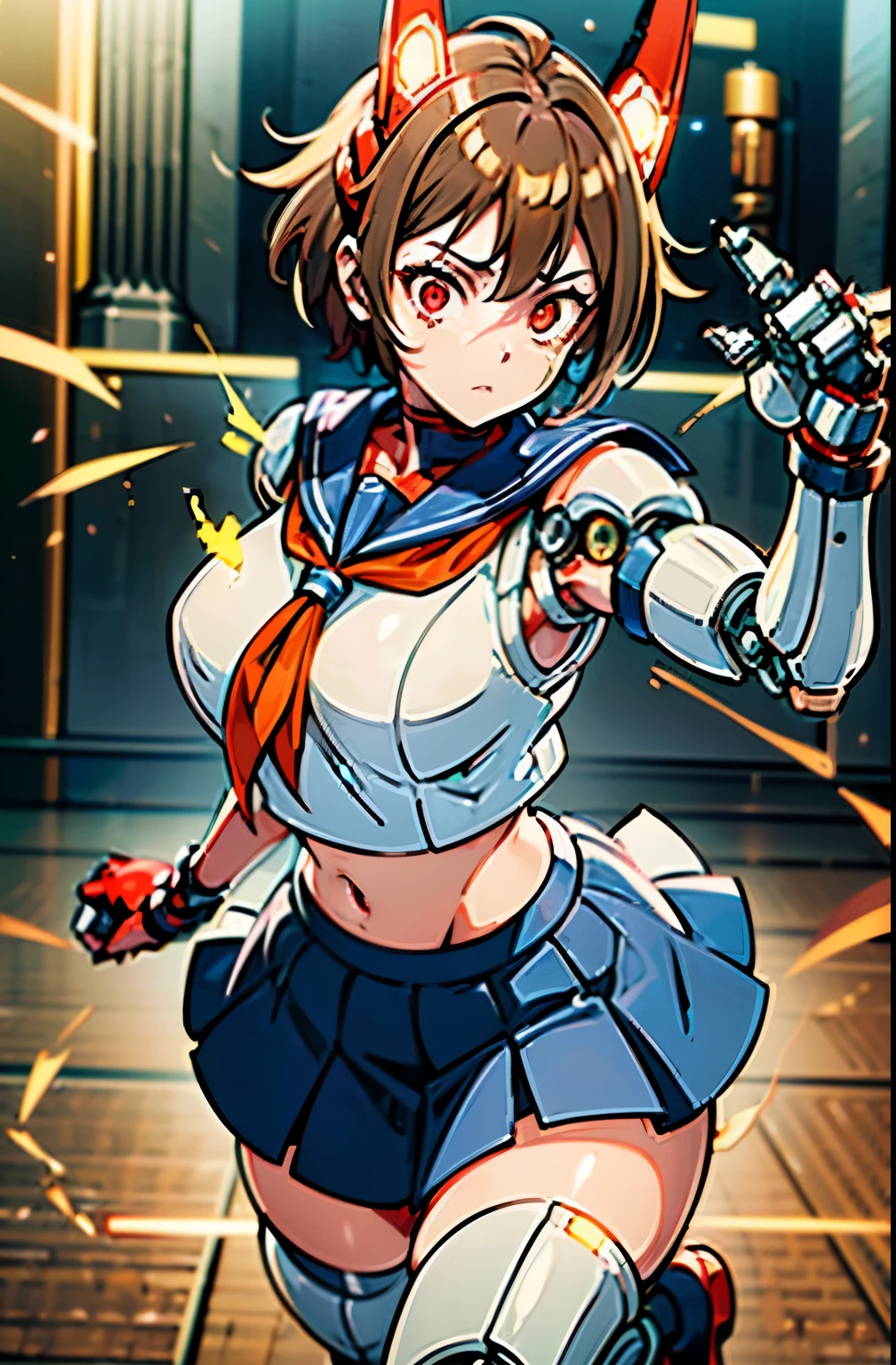 ultra-detailed, Explicit, Beautiful body, Beautiful Nose, Beautiful character design, perfect eyes, perfect face, ultra highres, 4K, beautiful legs, perfect legs, Nice hands, Perfect hand, Masterpiece, Best Quality, Highly detailed, illustration, absurdres, street fighter, doll suit, shadaloo doll, dollsuit, expressionless, blank eyes, looking at viewer, red gloves, emotionless, black latex, corrution, mind control, female combatant, full body, hypnotized, unhappy trance, full body suit, ribbed bodysuit, both arms at side, obey, perfect female body, extremely glossy latex, hypnosis, hypnoLora, empty eyes, Mind control device, poses, submissive_pose, Slave, hat, necktie, stand up straight, standing, standing at attention, hat, necktie, belt, latex, ribbed bodysuit, thighhighs, garter belt, Fighting Stance, extending the right arm from the shoulder into the air with a straightened hand, nazi saluting, military, military saluting, salute, thigh boots, 1girl, Kohinata Miku ShenShoujing, Senki Zesshou Symphogear, black hair, short hair, headgear, black hair, blue eyes