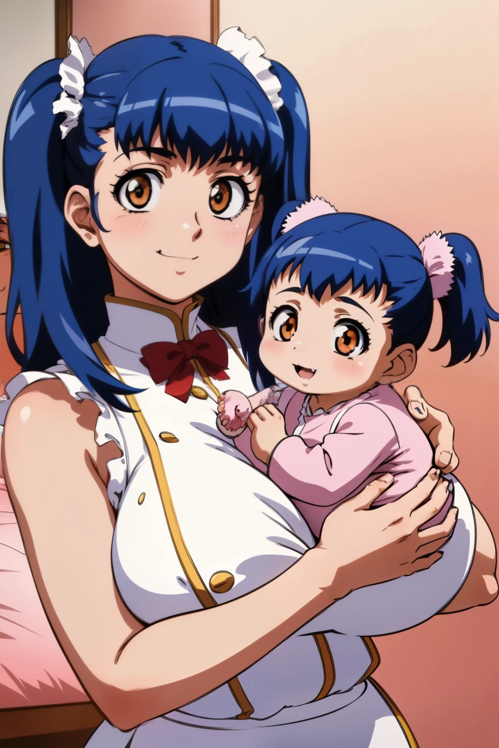 anime colored,blue hair,orange eyes,twin tail,huge breasts,fang,tuile_(gravion),two side up), retro artstyle,fang,(Holding a baby:1.5),Huge breasts,Smile,((house wife)),baby