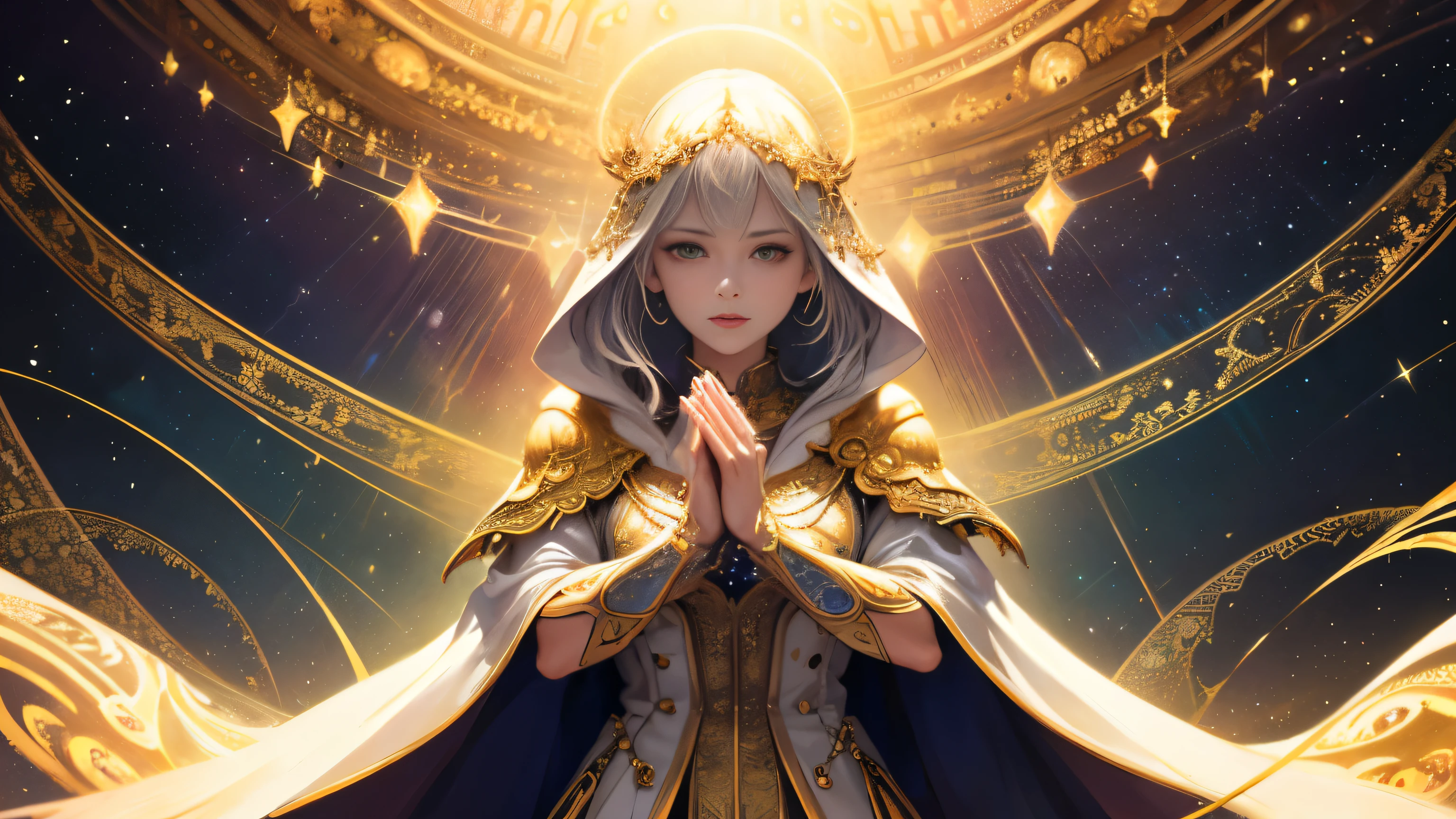 (masterpiece, top quality, best quality, official art, beautiful and aesthetic:1.2), (1 woman), very detailed, (fractal art:1.3), fancy, most detailed, perfect face, upper body, hdr, (pray:1.3), (White Riding Hood Golden Line:1.2), galaxy, (Bright stripes), striking visual, (Dynamic stripe, Glowing promenade:1.2), vivid colors,