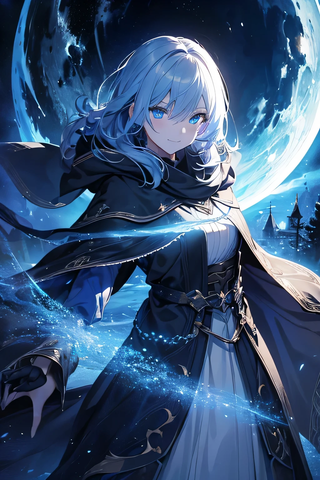 (High resolution, 4K, super detailed, masterpiece:1.2),1 androgynous girl, unisex, shining blue eyes, fine eyes, Blue Medium Hair, Traveler's attire, hood up, long cloak, flowing dress, grin and laugh, dynamic pose, break, Moonlight, deep night, At night, Stone tower, dark forest, dark fantasy, horror, dramatic lighting, quiet solitude, enchanting beauty