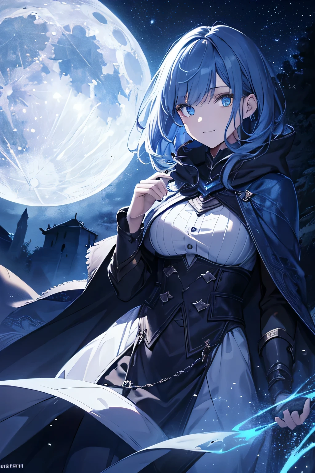 (High resolution, 4K, super detailed, masterpiece:1.2),1 androgynous girl, unisex, shining blue eyes, fine eyes, Blue Medium Hair, Traveler's attire, hood up, long cloak, flowing dress, grin and laugh, dynamic pose, break, Moonlight, deep night, At night, Stone tower, dark forest, dark fantasy, horror, dramatic lighting, quiet solitude, enchanting beauty