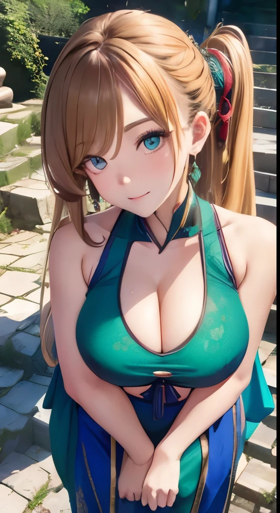 (enormous ???????), ???? shoulder, ((masterpiece)), ((best quality)), cute woman ((25 years old)), coy smile, head tilted back, one arched eyebrow, long curly blonde hair, green eyes, sleeveless hanfu, glamour portrait, full body, a view from above and the side