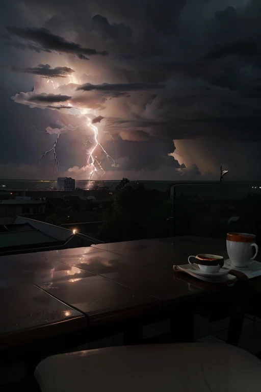 storm clouds, lightning, cozy, empty coffee cup on table