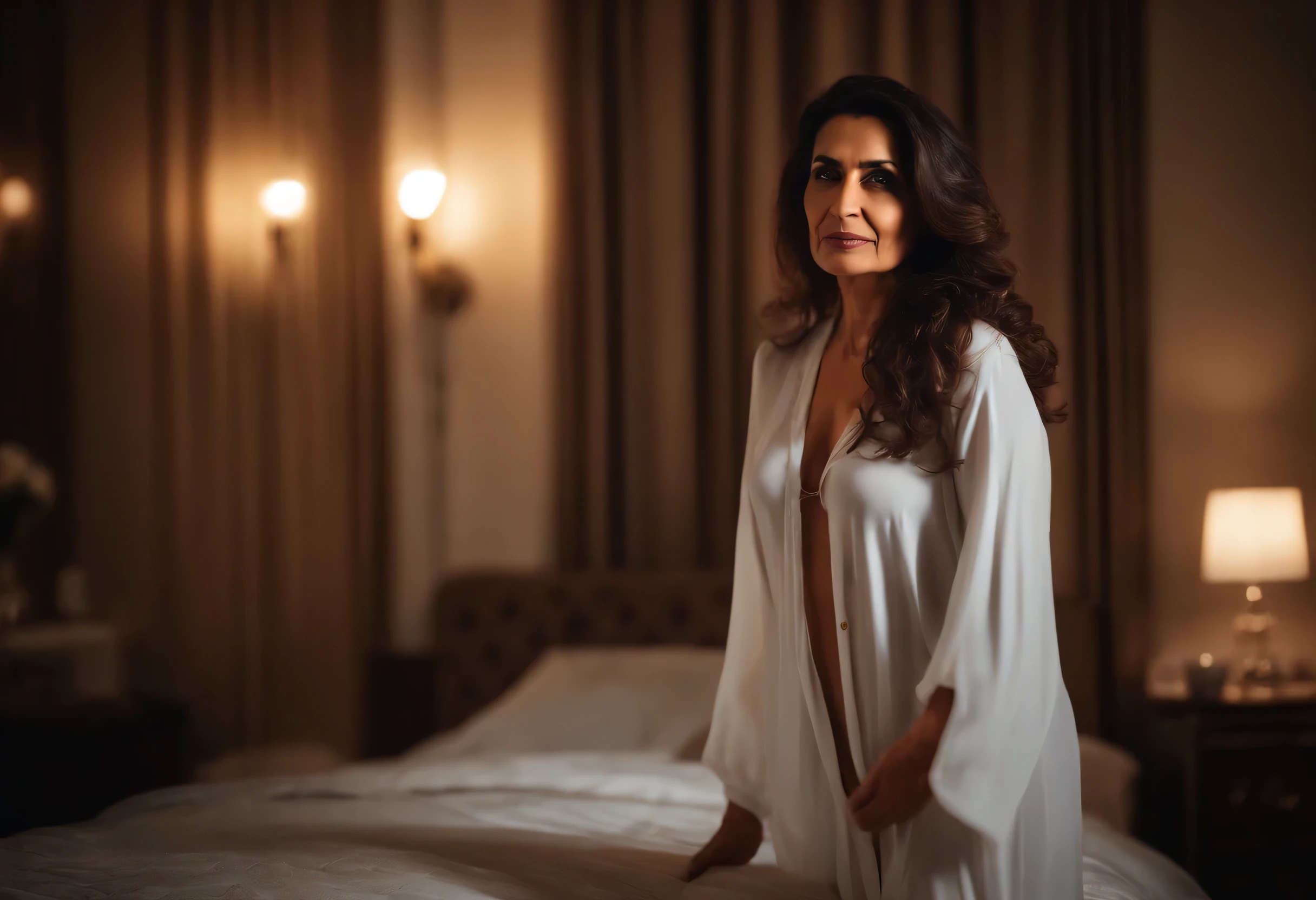 Very beautiful Arab woman 50 years old, in nightwear, The chest is open, stands in full growth, bed room