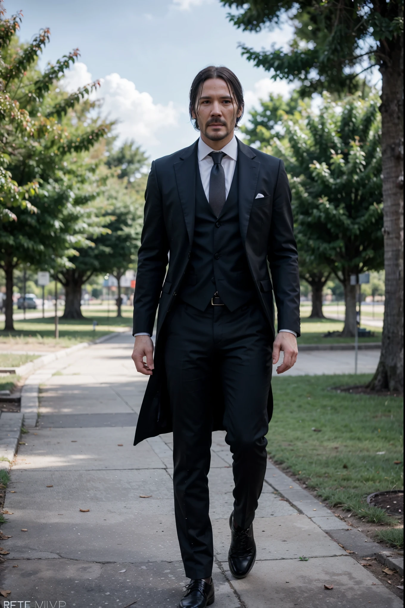 John Wick, vestido elegantemente, con saco negro y corbata negra, lleva puesto un reloj plateado. El se encuentra ubicado en el parque Leoncio Vidal de la ciudad de Villa Clara Cuba. He is taking a walk in the park (best quality, 4k, 8k,highres, resolution: 300 pp), add intensity (realistic ‚photorealistic).