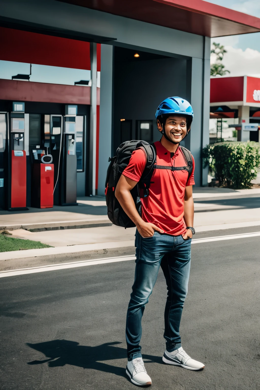 A realistic picture of indonesian young man wearing a helmet, with backpacks, while laughing looking at the camera, front view,full body with a gas station in the background, clear face, 25 years old, High detail, wide view full body, wearing a shirt, ultra realistic render, studio lightning, professional fotografer output. use lens 30mm