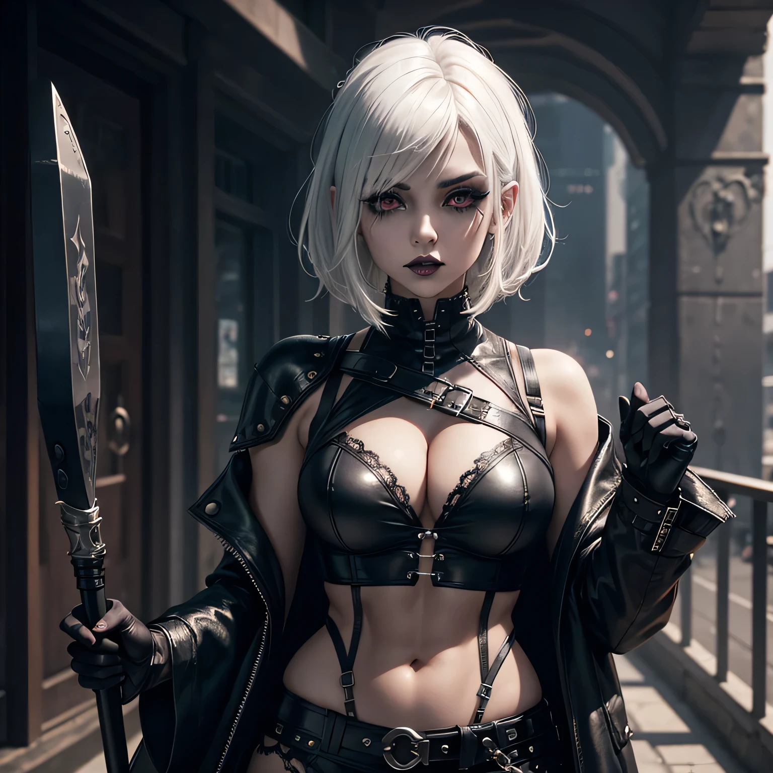 1 girl, heavy goth makeup, white hair, fantasy character, cyberpunk horror, dark fantasy, navel, gothic mage, muscular abs, leather lace corset cropped top, leather pants, sensual