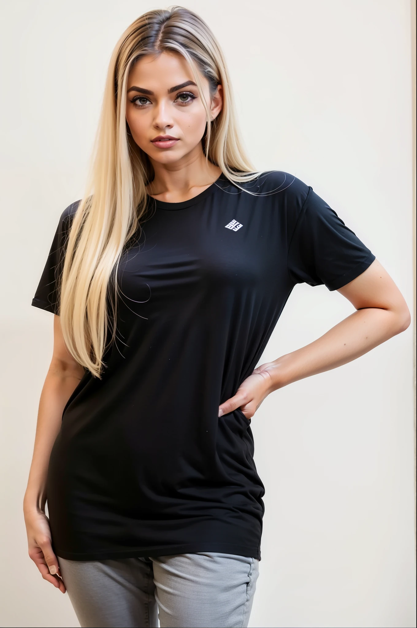 a woman in a Camisa preta and grey pants posing for a picture, camiseta preta, vestindo camiseta preta, wearing a camiseta preta, vestindo um preto tshirt, camiseta preta, black camiseta, Camisa preta, casual roupa preta, wearing a Camisa preta, top preto, Tees Gráficas, roupa preta, vestindo um preto!! camiseta