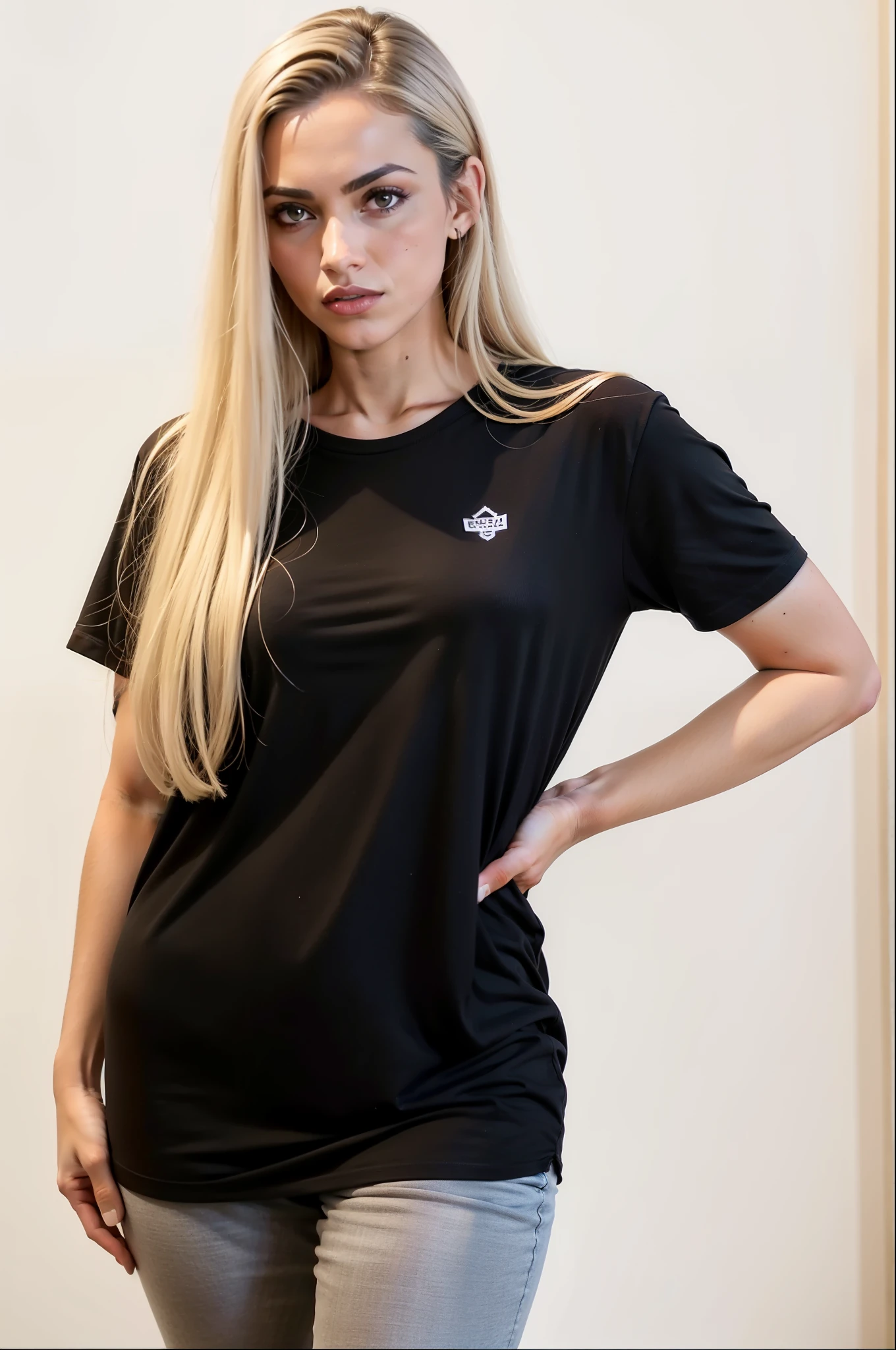 a woman in a Camisa preta and grey pants posing for a picture, camiseta preta, vestindo camiseta preta, wearing a camiseta preta, vestindo um preto tshirt, camiseta preta, black camiseta, Camisa preta, casual roupa preta, wearing a Camisa preta, top preto, Tees Gráficas, roupa preta, vestindo um preto!! camiseta