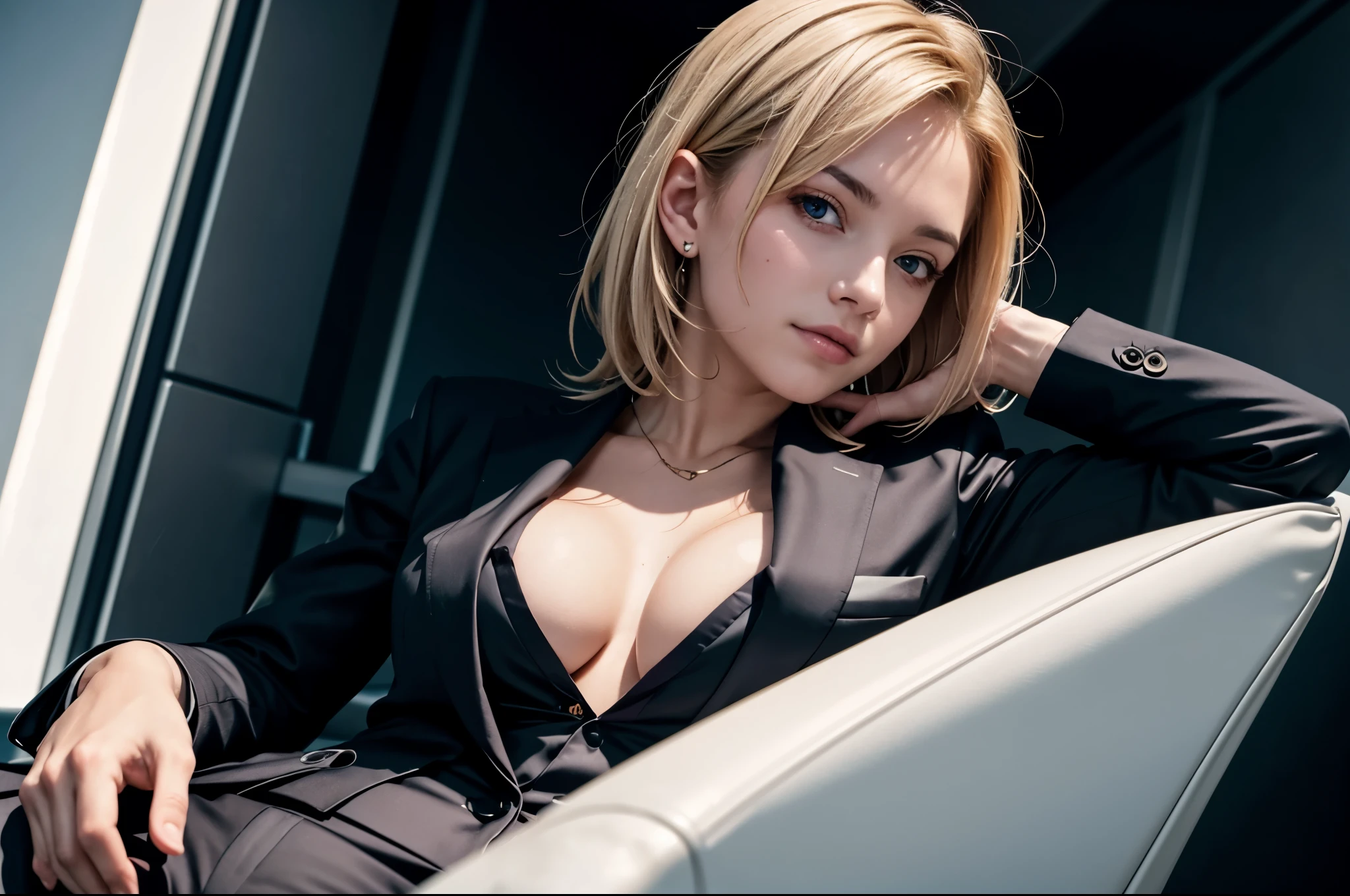 portrait of european girl,alone,20 years,beautiful face,uppser body,hair above one eye,medium side cut, blonde hair, sharp focus,black business suit