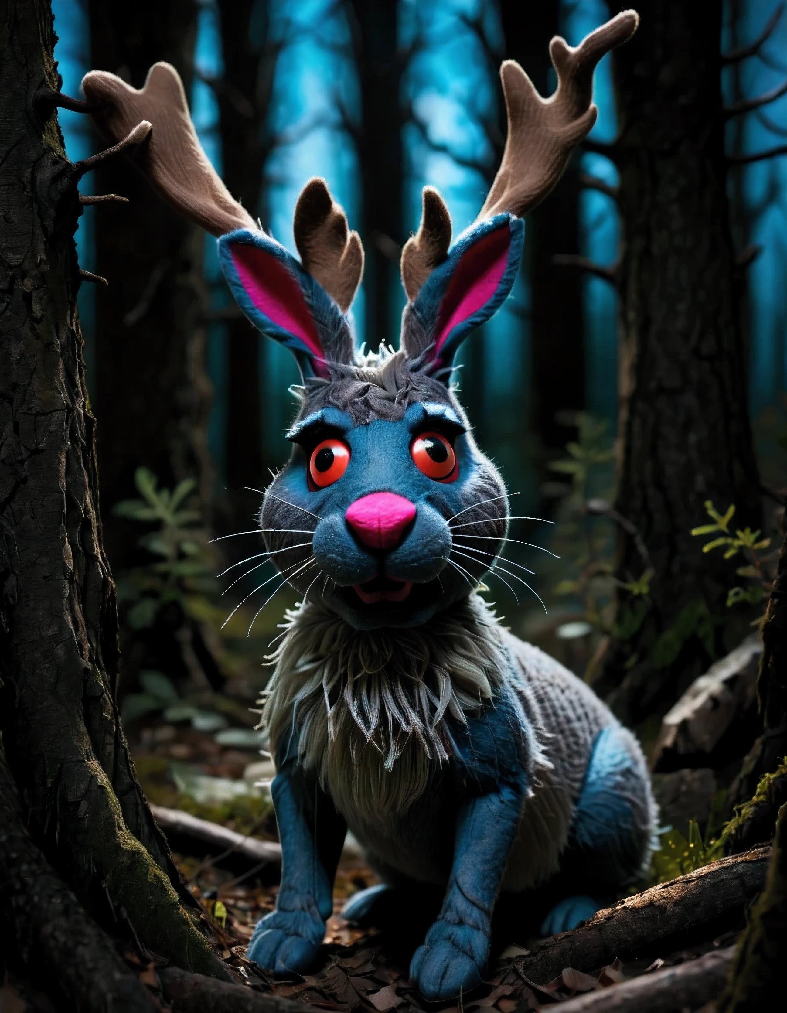 in a felt puppet world style,, A Jackalope lurking in the depths of a dark forest at night. blue, red-eyes, antlers, creepy, dramatic lighting, detailed, high saturation