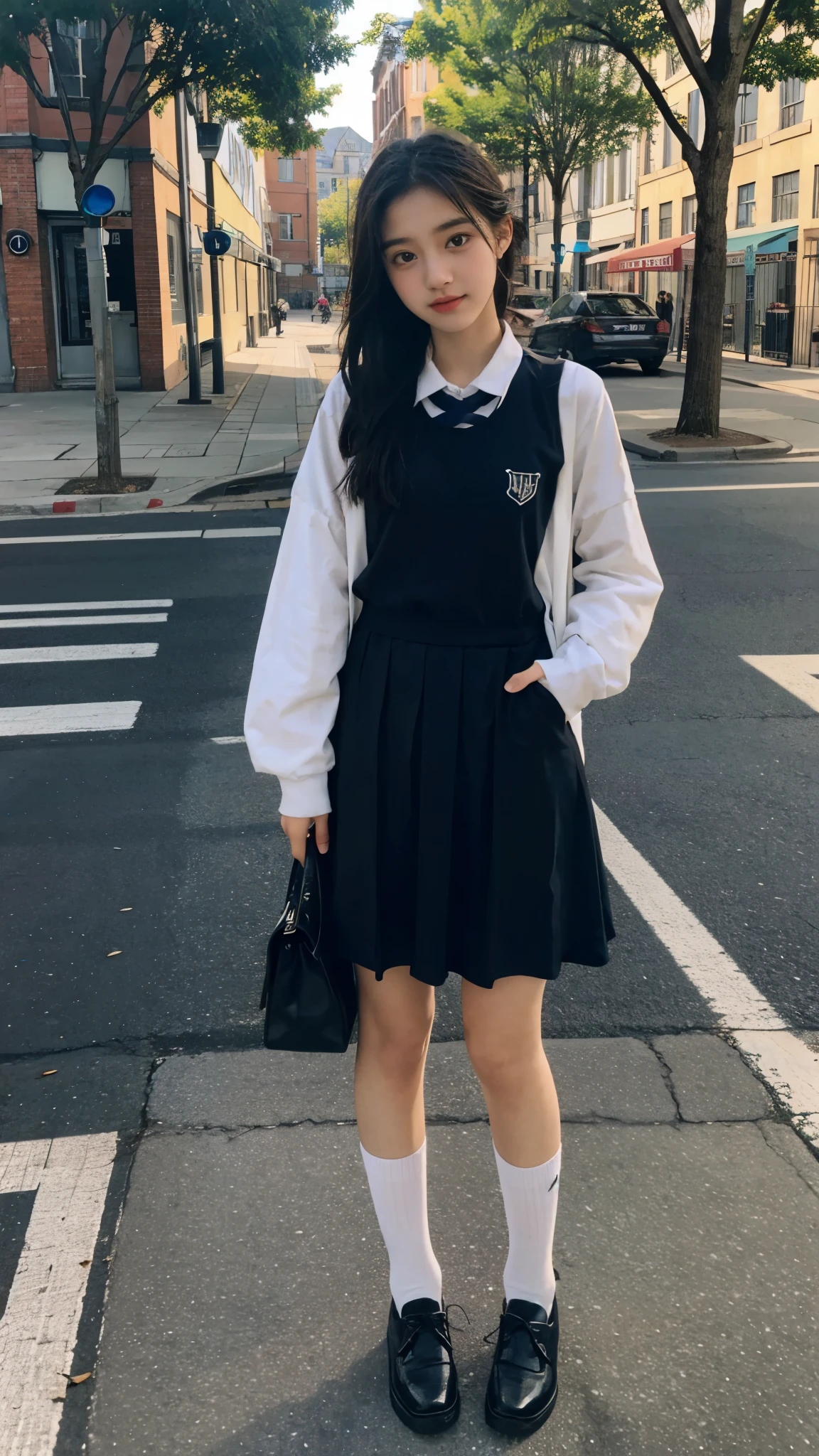 First-person perspective,A female high school student,street,Uniforms,white socks