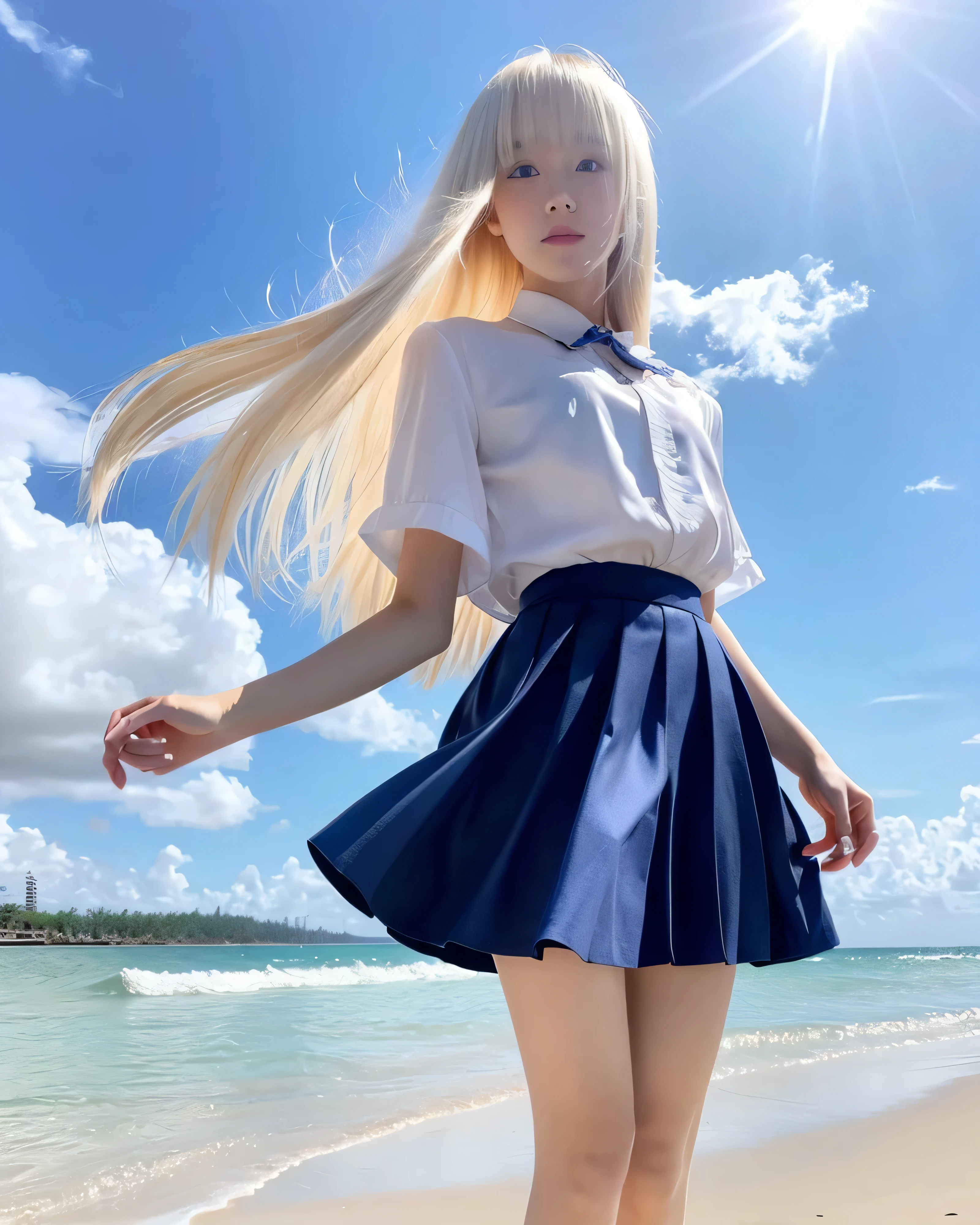 beautiful japanese girl　platinum blonde thin hair　Detailed intricate hair　Super Long Straight Silk Hair　Asymmetrical bangs、Magical beautiful eyes　Moist brown eyes　Emeral look　（school uniform:1.5)　navy pleated skirt　mini skirt　（I can see a little of your belly button:1.7)　（walking barefoot on the sandy beach：1.３）　summer sunshine　Clear blue sea　Professional photographer　professional lighting　（whole body：1.5）　Blue sky　White cloud　skirt fluttering in the wind