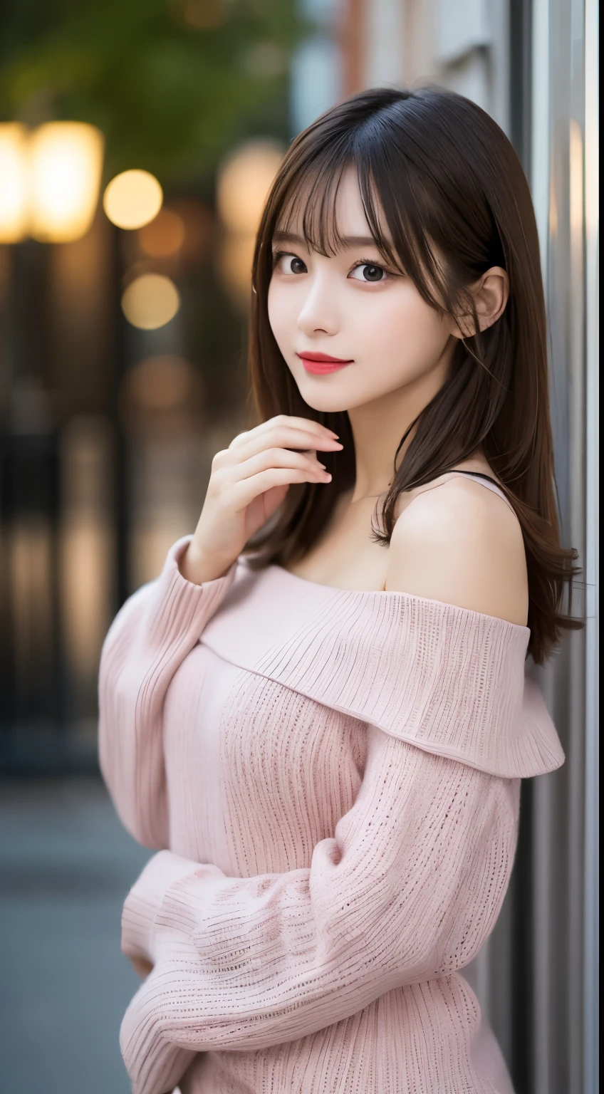 table top, highest quality, shape, Super detailed, finely, High resolution, 8k wallpaper, 完璧なダイナミックな構shape, beautiful and detailed eyes, elegant winter clothes,medium hair,small breasts natural color lip, bold sexy pose,smile、20 year old girl、cute、Sexy looking at camera,night,beautiful and detailed face,elegant face,perfect and beautiful face,Slim face and body,spread your arms wide、background blur、pink knit、ample breasts、Nogizaka，off shoulder