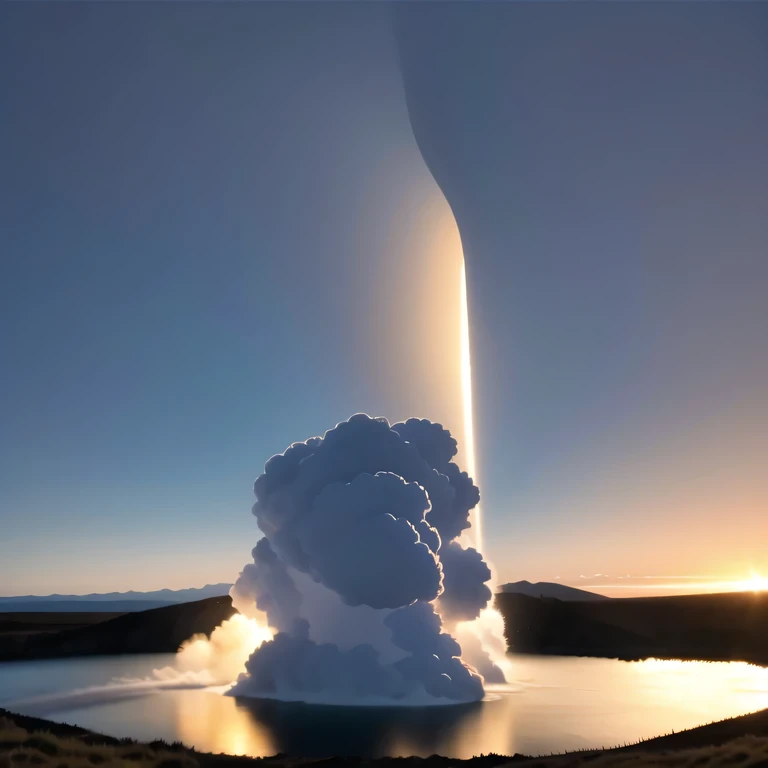 starry sky background， Purple pink color Alien base (Very detailed) in desert mountains，There are several exhaust fans and chimneys, some spotlights coming out of the base，light up dark places, (extreme night), There are some clouds in the night sky, Some surrounding planets provide air to unknown planets，The farthest giant volcano is erupting