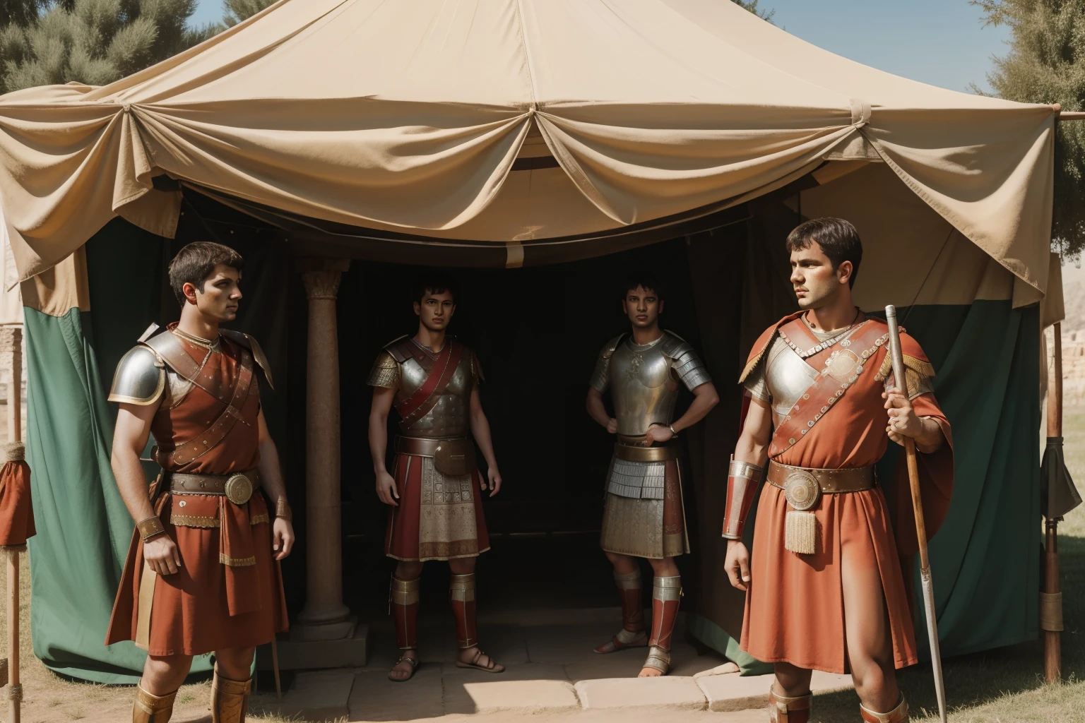 Mitilene, 77 BC. A young ((((21-year-old)) Julius Caesar)), with his friend ((Tito Labieno)), standing inside a legion tent, arguing. ((((roman legionary clothings from the 1st century BC))))