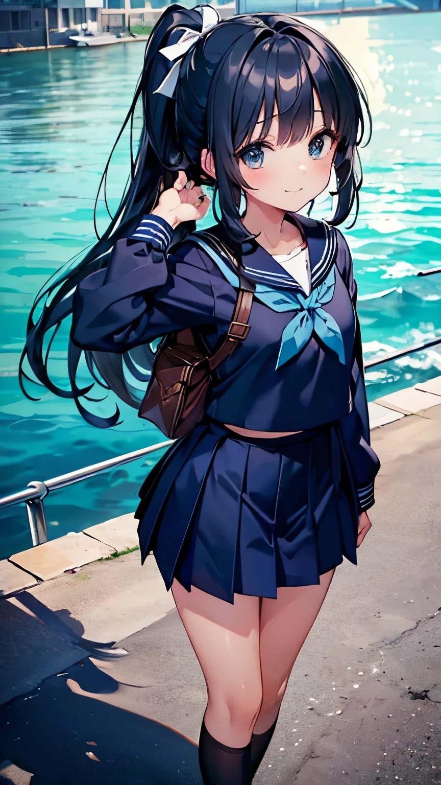 (masterpiece: 1.3), (highest quality:1.4), ultra high resolution, (fine eyes), (detailed facial features), (Detailed features of clothing), HDR, 8K resolution,  navy blue sailor uniform, High school girl in sailor suit, dark blue skirt, anime 2d rendering, smile, black hair, (((navy blue sailor uniform))), black stockings, (((school scenery))), (((small face))), short ponytail, Tie your hair with a white ribbon, 1 rotation pose, Photographed from above the knees, 