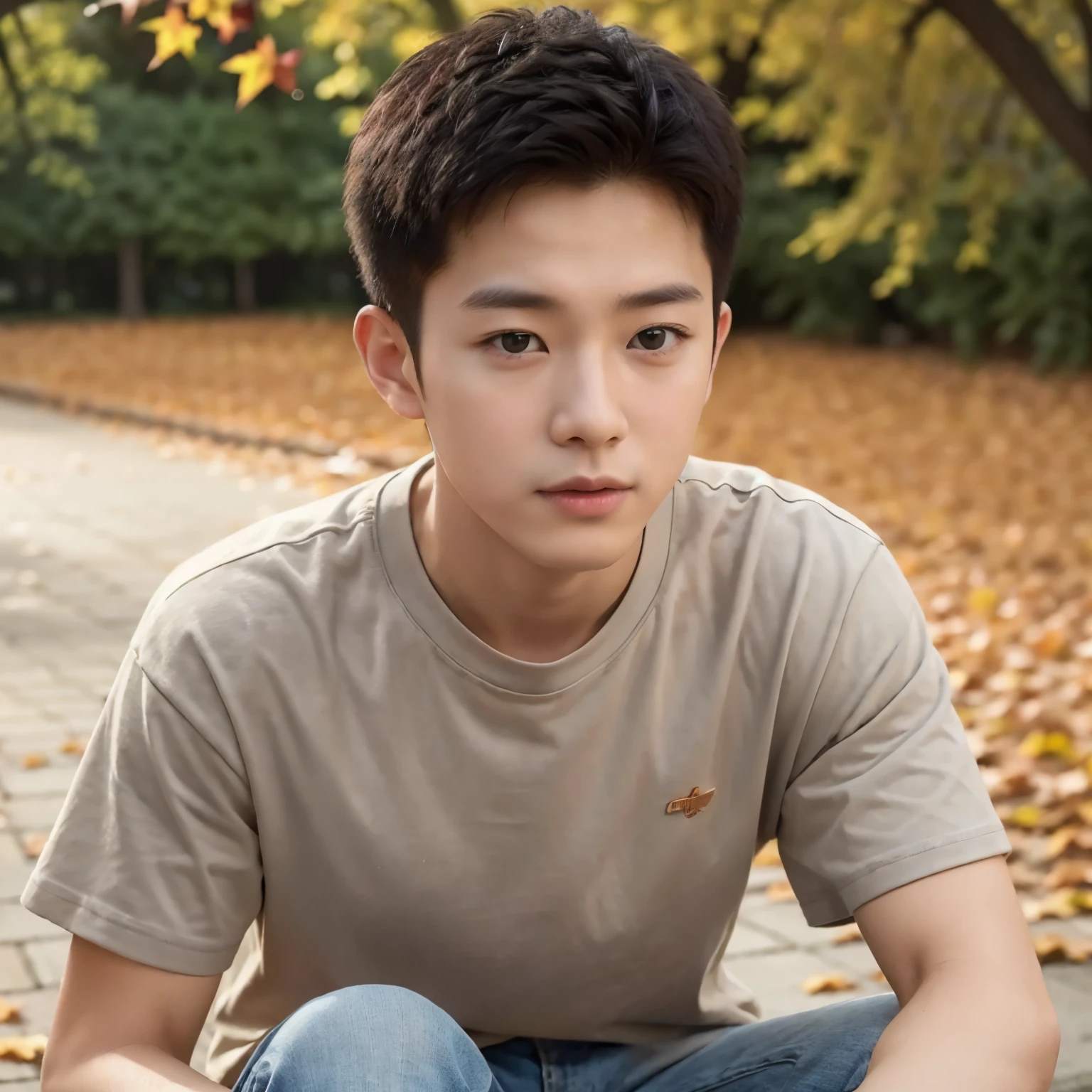 (Best Quality, Masterpiece: 1.2), portrait, 16-year-old Chinese boy, park: 1, crisp autumn leaves falling around, red and orange hues dominating the scene, boy wearing a simple gray t-shirt and jeans, hands in pockets, carefree expression on his face: 1.4, intricate details highlighting the boy's youthful features and expressive eyes: 1.5. (Note: The prompt does not specify any additional features or clothing, but if you would like to include them, please let me know.)