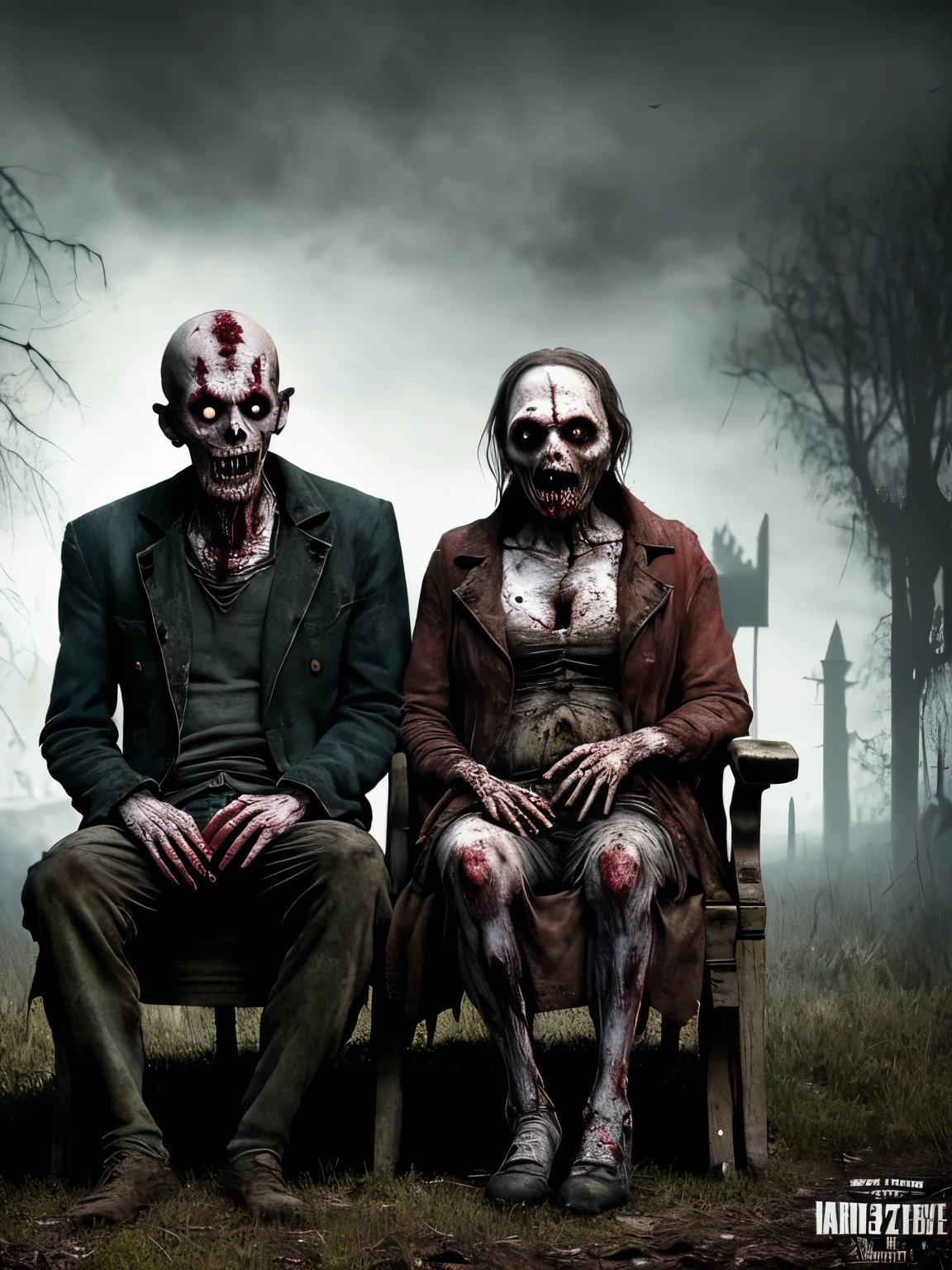 Create a full-size, hyper-realistic wide shot image of an old scary zombie couple sitting together. This cinematic photo should have the feel of a dark fantasy portrait, suitable for a poster or conceptual art. The composition should be intense and engaging, capturing the eerie essence of the characters in a dark, atmospheric setting