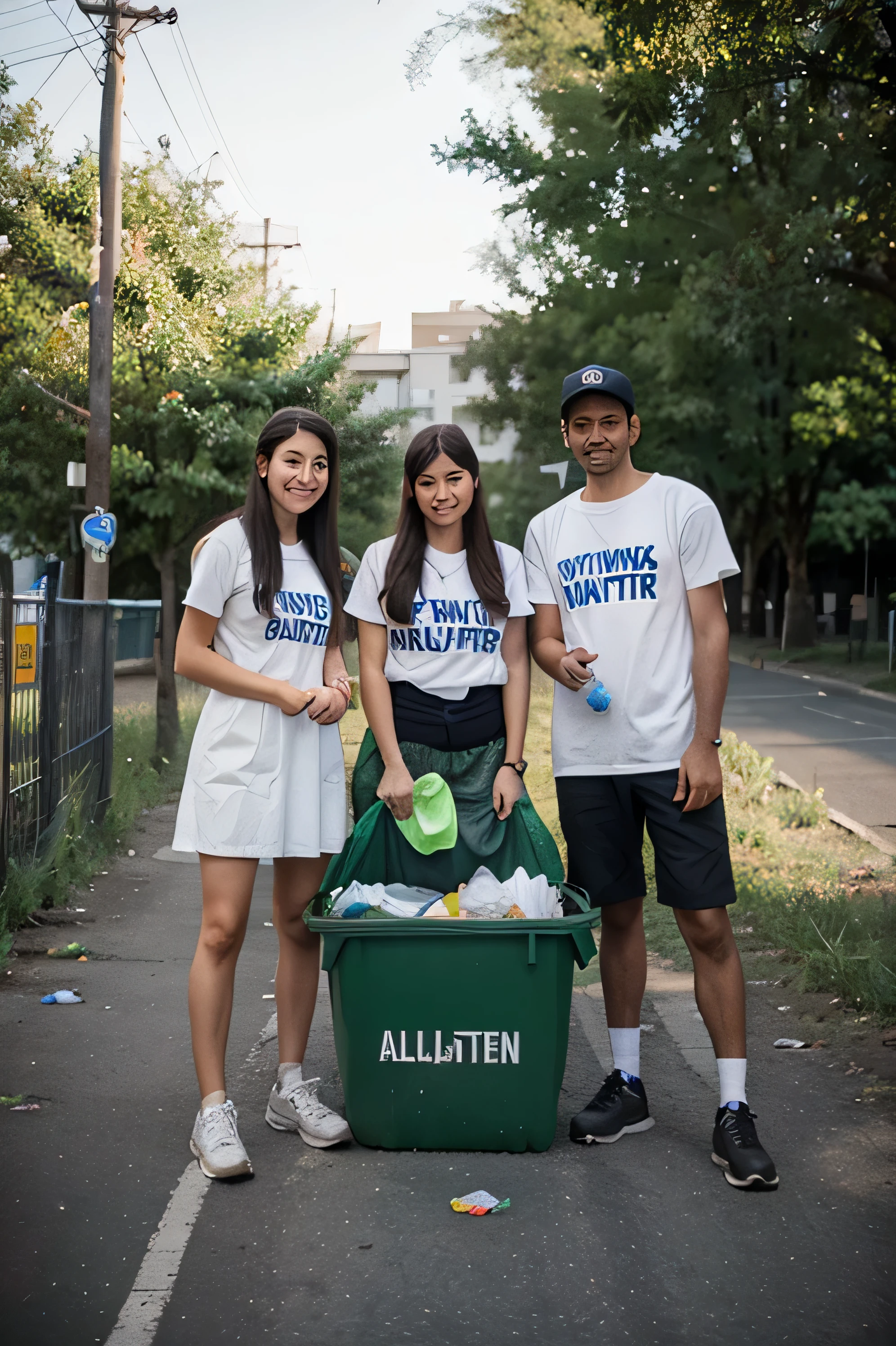 Realistic, high-quality photo of a group of volunteers collecting trash in natural or urban environments