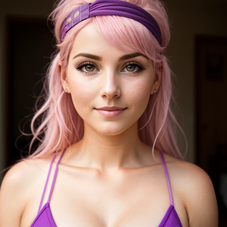 CLOSE-UP, RAW,full body, beautiful woman face, pink hair, purple eyes, cute, headband,