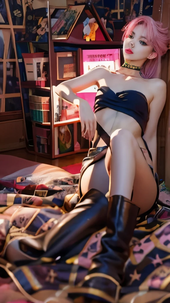 anime girl with pink hair and boots laying on a bed, cushart krenz key art feminine, extremely detailed artgerm, style artgerm, style of artgerm, by Yang J, wlop and sakimichan, 2. 5 d cgi anime fantasy artwork, loish and wlop, artgerm detailed