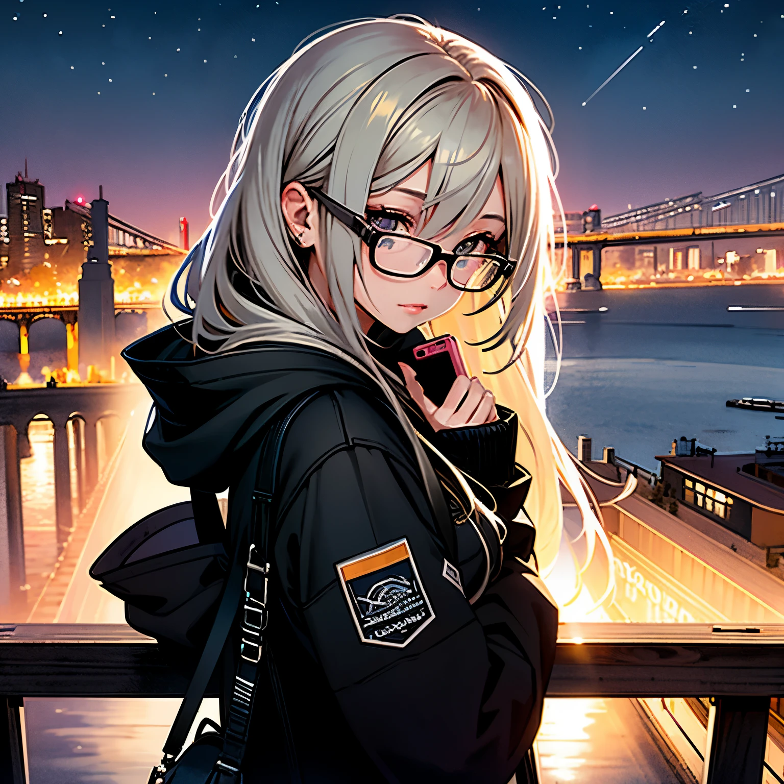 Girl Standing Outside: A realism-inspired image of a girl, lovingly crafted a la Zou Zhe's style. She is dressed in a black jacket, the fabric's texture intricately detailed. Her long hair cascades down her back, each strand visible under the soft, natural light. With her head tilted, she engages in an intimate conversation with her smartphone. Her glasses, perched on the bridge of her nose, add an intellectual and endearing touch to her sincere expression. The black jacket, framing her silhouette against the star-studded night sky, creates a captivating and introspective scene. The tumblr-worthy image