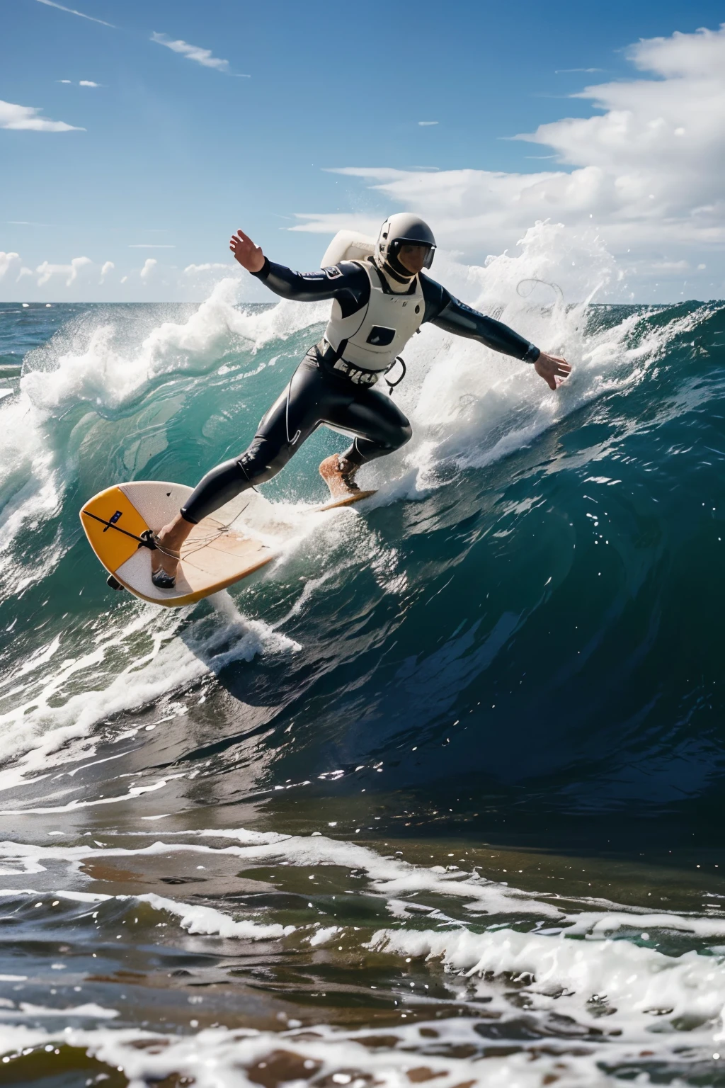 Act as a drawing and video specialist to create a video or image of an astronaut surfing a wave on a northeastern beach