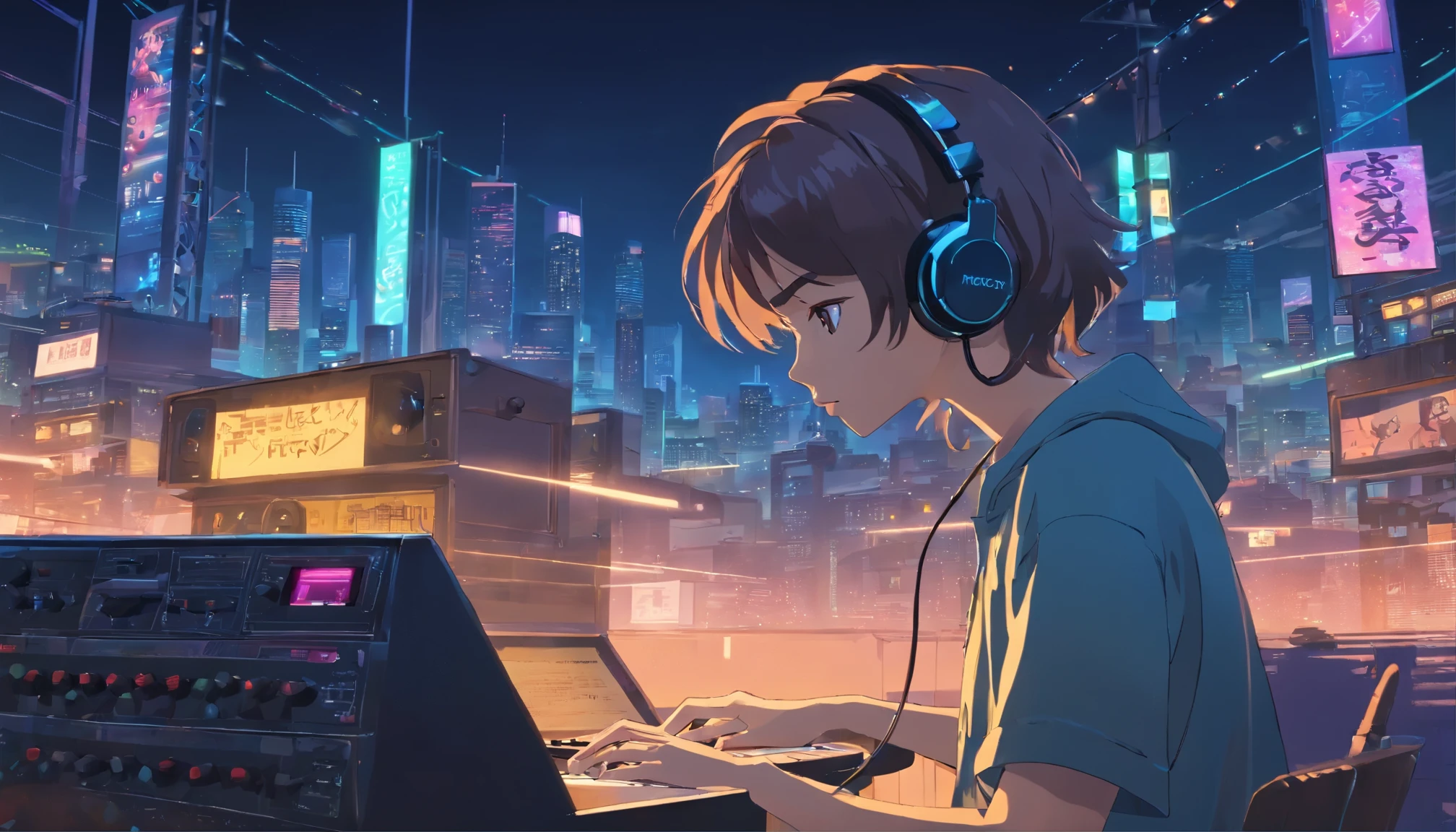 Photo of a man wearing headphones and listening to music, text Why You, Super Detailed, Vintage Wave, Cyberpunk, Sad Atmosphere, Night Scene, One Bedroom, 2D, (shot from a distance) , wide shot, (noise from the film), old cartoon, (many records: 1.3), vinyl record store, (masterpiece, very high quality, very high quality, official art, beautiful and aesthetic: 1.2), (Very Detailed, (Fractal Art: 1.4 ), Guitar, (Notes: 1.4), (Lo-Fi Hip Hop), Side View, Old Anime Texture, Alone, Speaker, Cyberpunk, Vinyl, Night