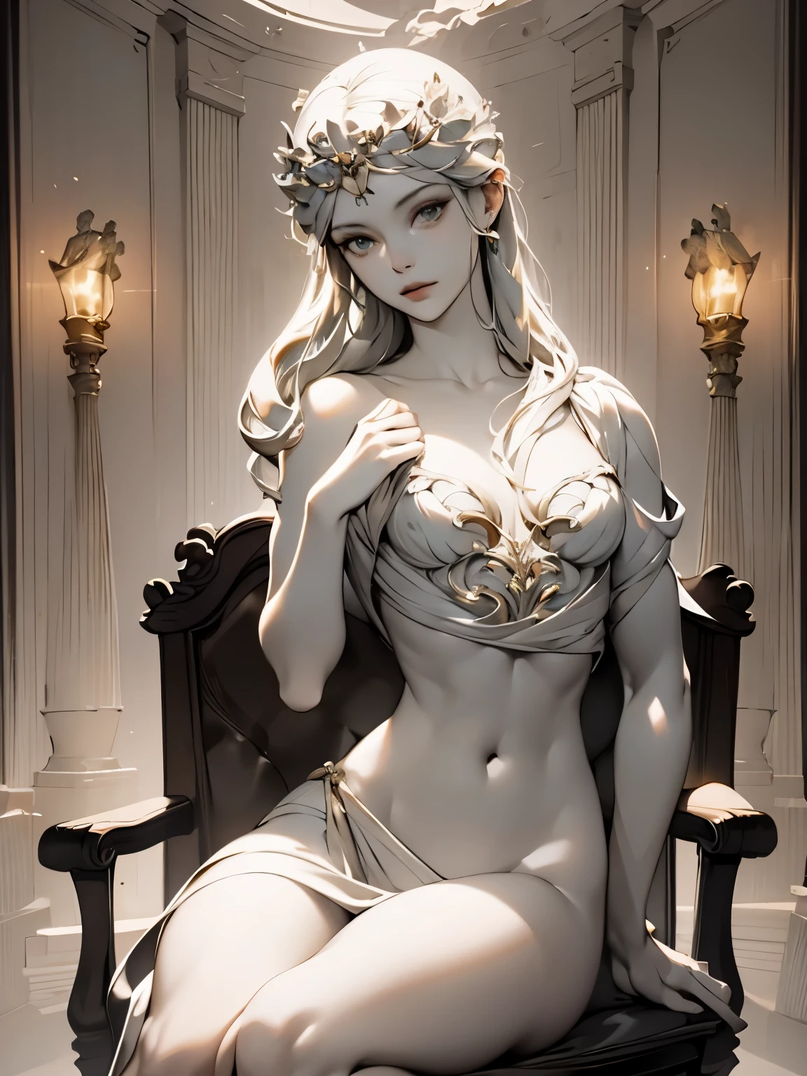 Marble statue of the goddess of the moon, monochromatic statue, sit on a chair, detailed face, long hair, delicate hair, loose clothing, masterpiece, very delicate, very detailed, Artistic, Sculptural works, Spotlight, high contrast, Light bulb color lighting, highest quality, Highest image quality