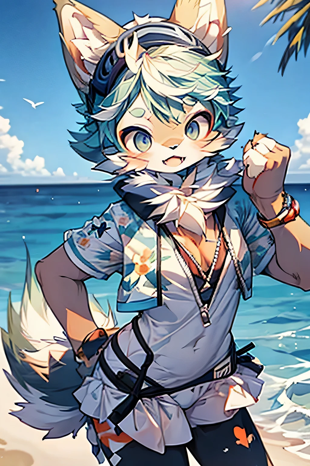 Furry girl, Swimsuit, on the beach,