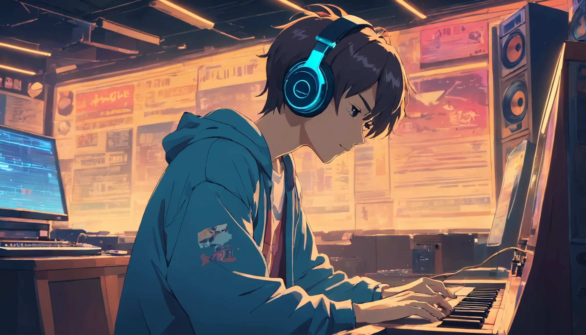 Photo of a man wearing headphones and listening to music, text Why You, Super Detailed, Vintage Wave, Cyberpunk, Sad Atmosphere, Night Scene, One Bedroom, 2D, (shot from a distance) , wide shot, (noise from the film), old cartoon, (many records: 1.3), vinyl record store, (masterpiece, very high quality, very high quality, official art, beautiful and aesthetic: 1.2), (Very Detailed, (Fractal Art: 1.4 ), Guitar, (Notes: 1.4), (Lo-Fi Hip Hop), Side View, Old Anime Texture, Alone, Speaker, Cyberpunk, Vinyl, Night