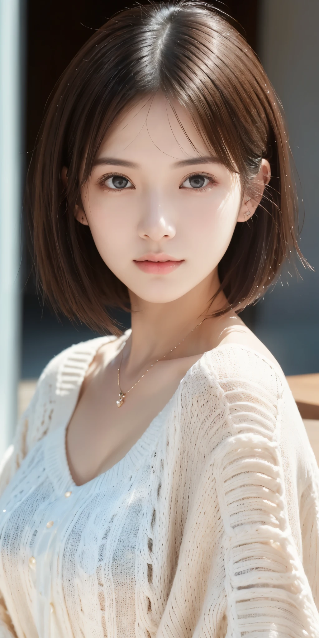 masterpiece、highest quality、High resolution、wallpaper、realistic、bright lighting、smooth lighting、japanese woman、Adult pretty woman、super beautiful、beautiful skin、slim、medium large、short hair、brunette colored hair、brown eyes、Big eyes、invisible tear bag、The camera is from the front、looks fun、knitwear