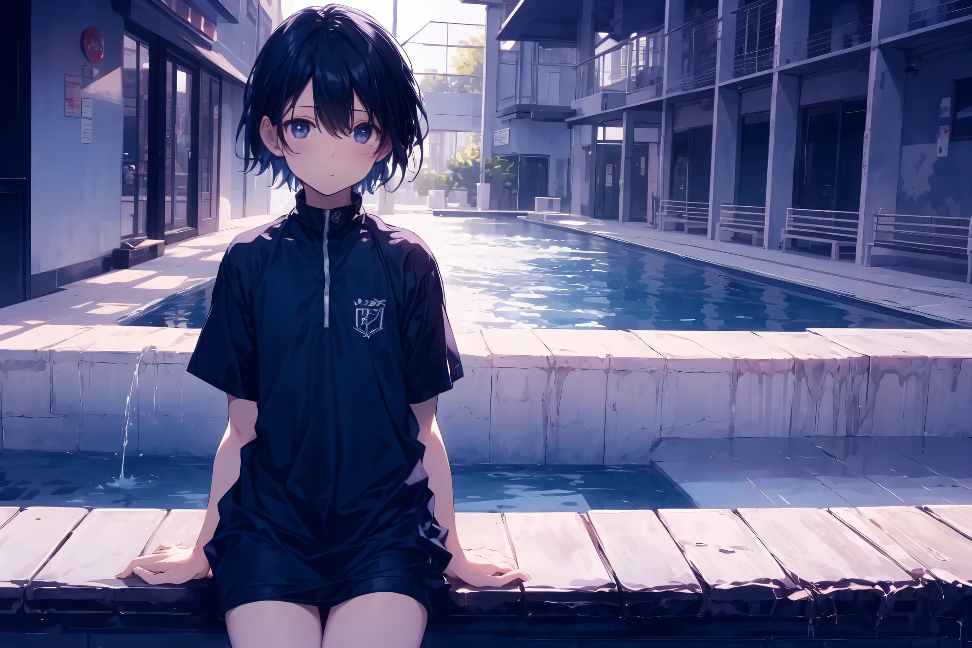 Super high quality by the art god, super detailed, High resolution, Shinkai Makoto style, anime moe art style, best anime 8K konachan wallpaper, pixiv contest winner, perfect anatomy, break,(スクール水着を着た女の子がプールサイドのベンチにalone眠そうに座っている絵を描いてください.),break, surreal girl, (alone,lolita, , 13 years old:1.3),All limbs, full finger,, androgynous charm, (very short hair), wet hair, small round breasts,slender body, small ass, between legs, Small black eyes,hanme,beautiful and fine eyes, Well-proportioned iris and pupils, sleepy eyes, High resolutionの詳細な髪, School swimsuit wear,in  School pool. break,super dense skin, shiny skin, Best lighting by famous artists, 8K, figure,surrealism, UHD, rough skin